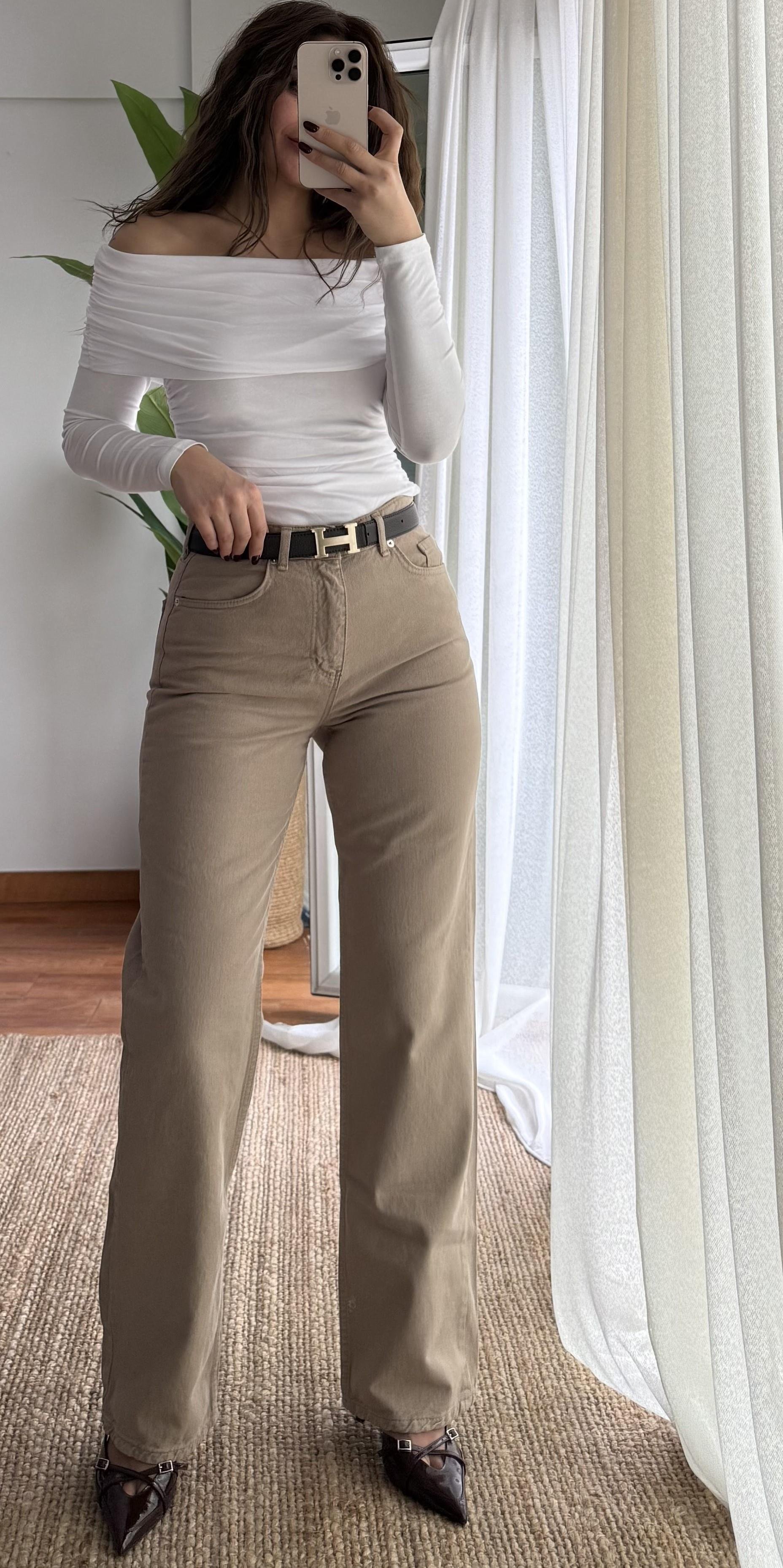 Regular Fit Yüksek Bel Geniş Paça Açık Kahve Jean Pantolon