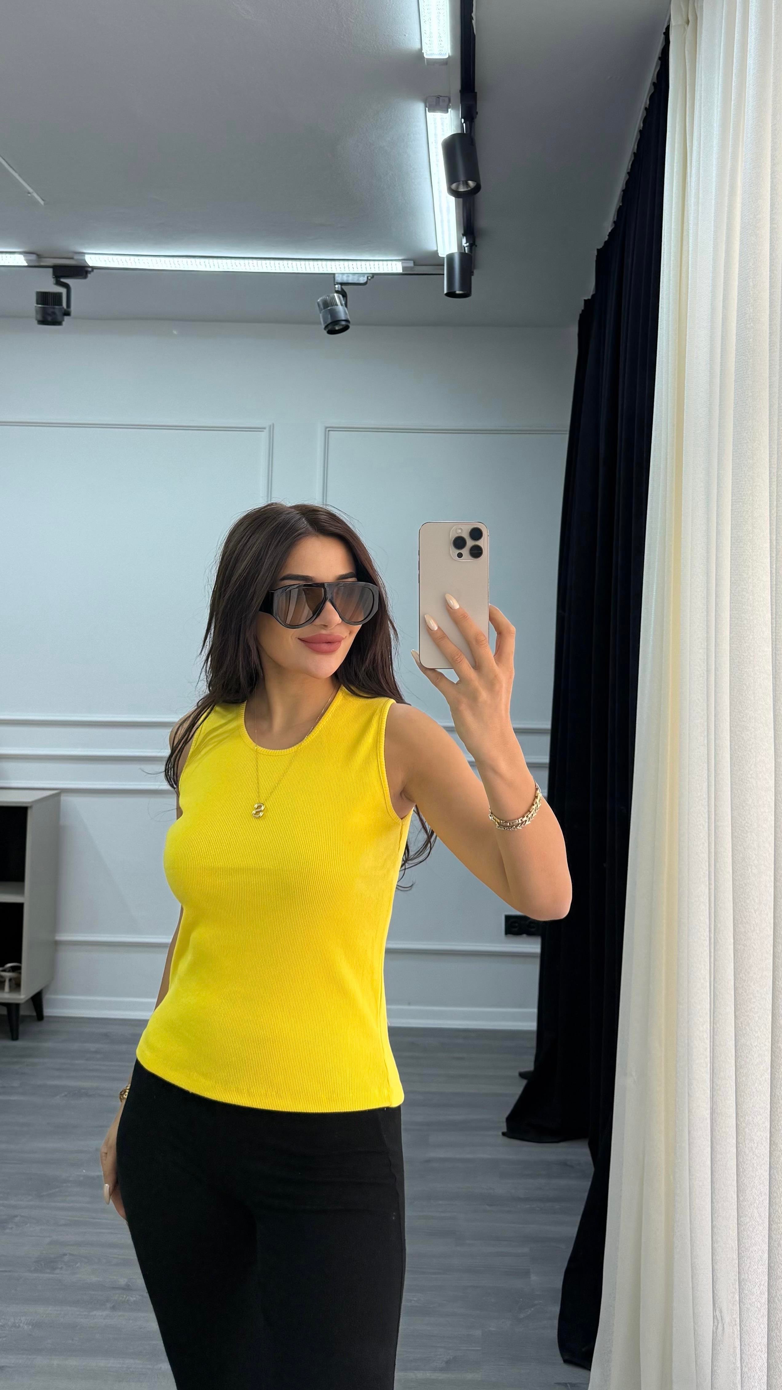 Sarı Esnek Bisiklet Yaka Kaşkorse Geniş Askılı -Bluz