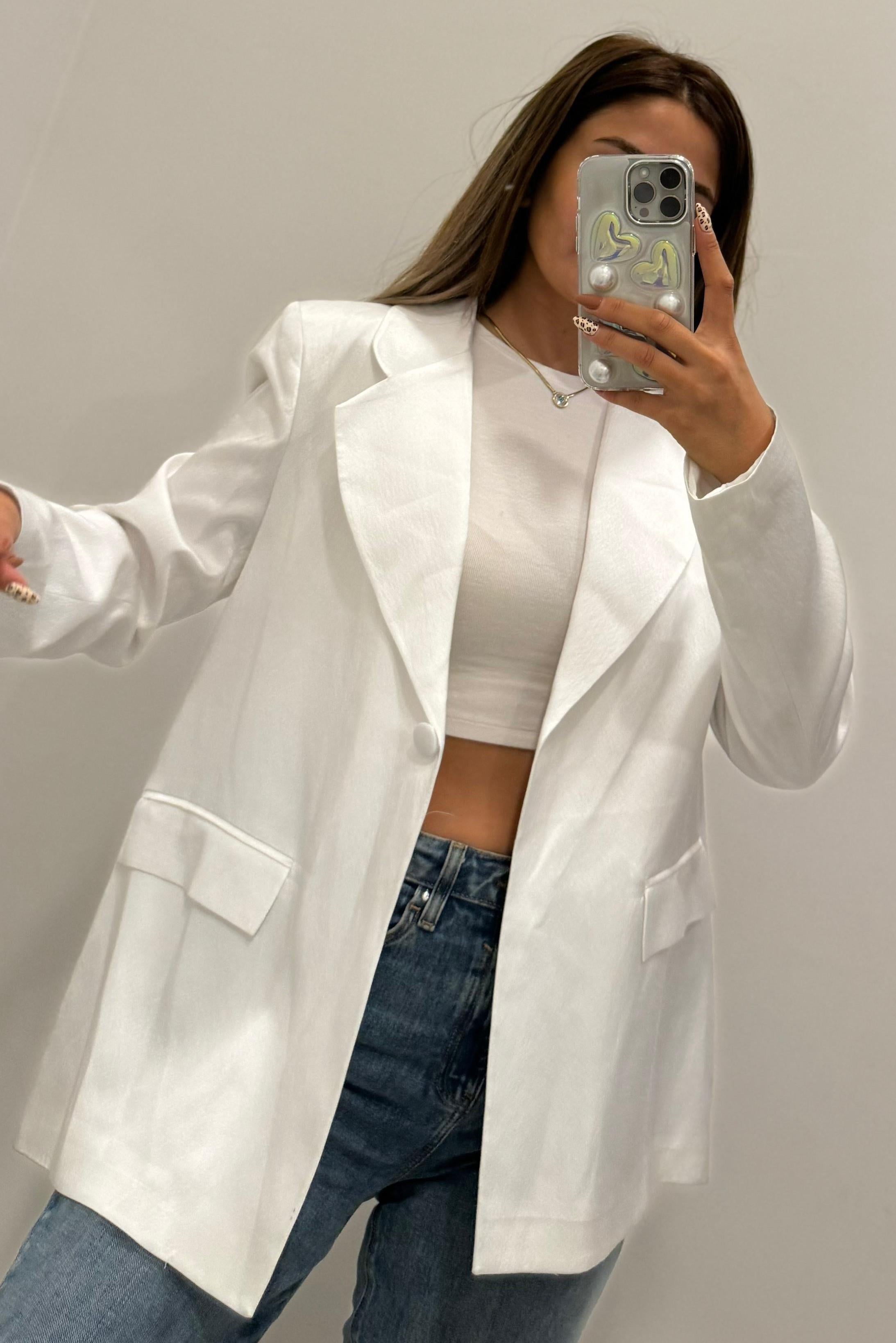 Saten Blazer Ceket - Beyaz
