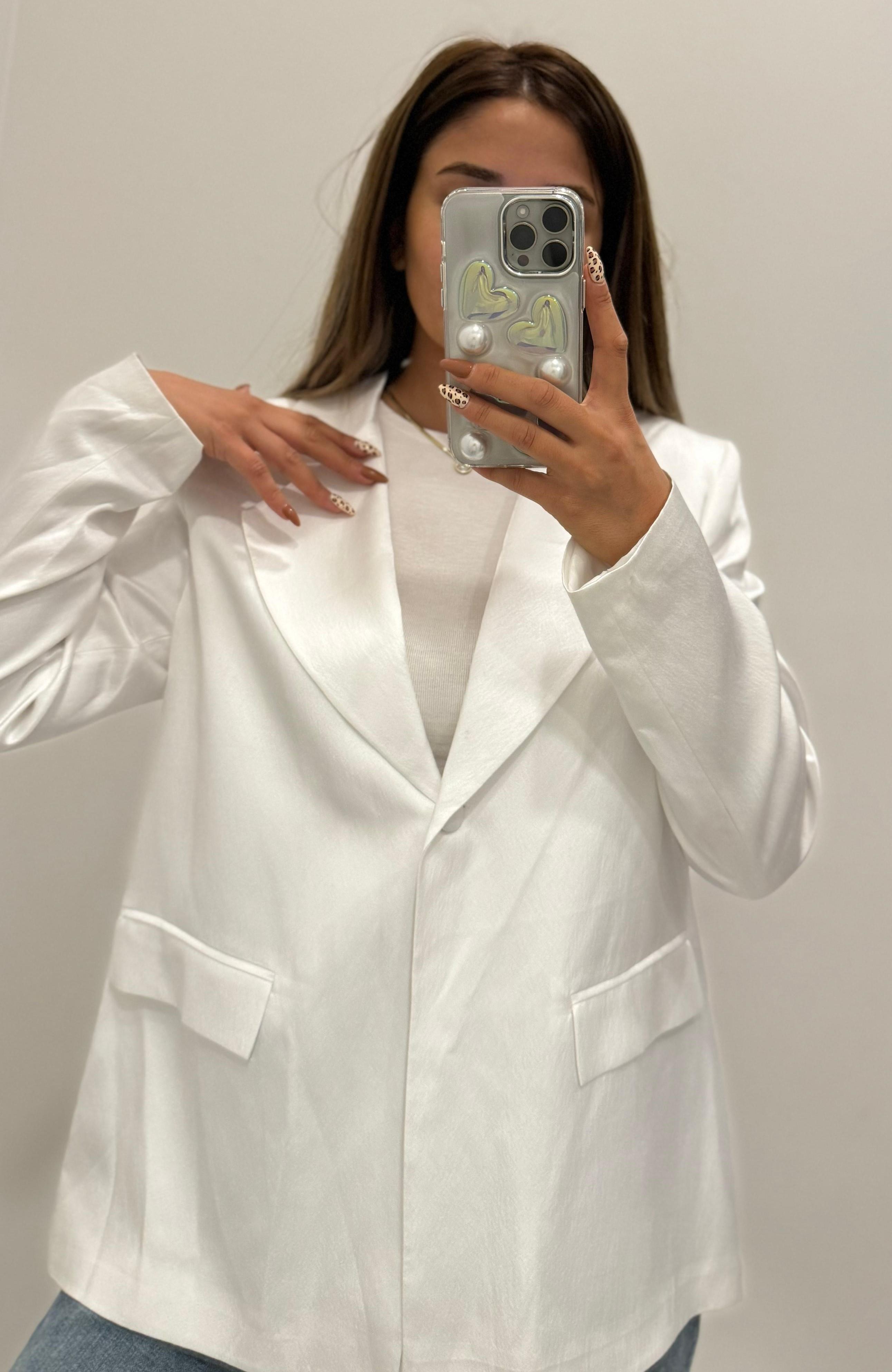 Saten Blazer Ceket - Beyaz