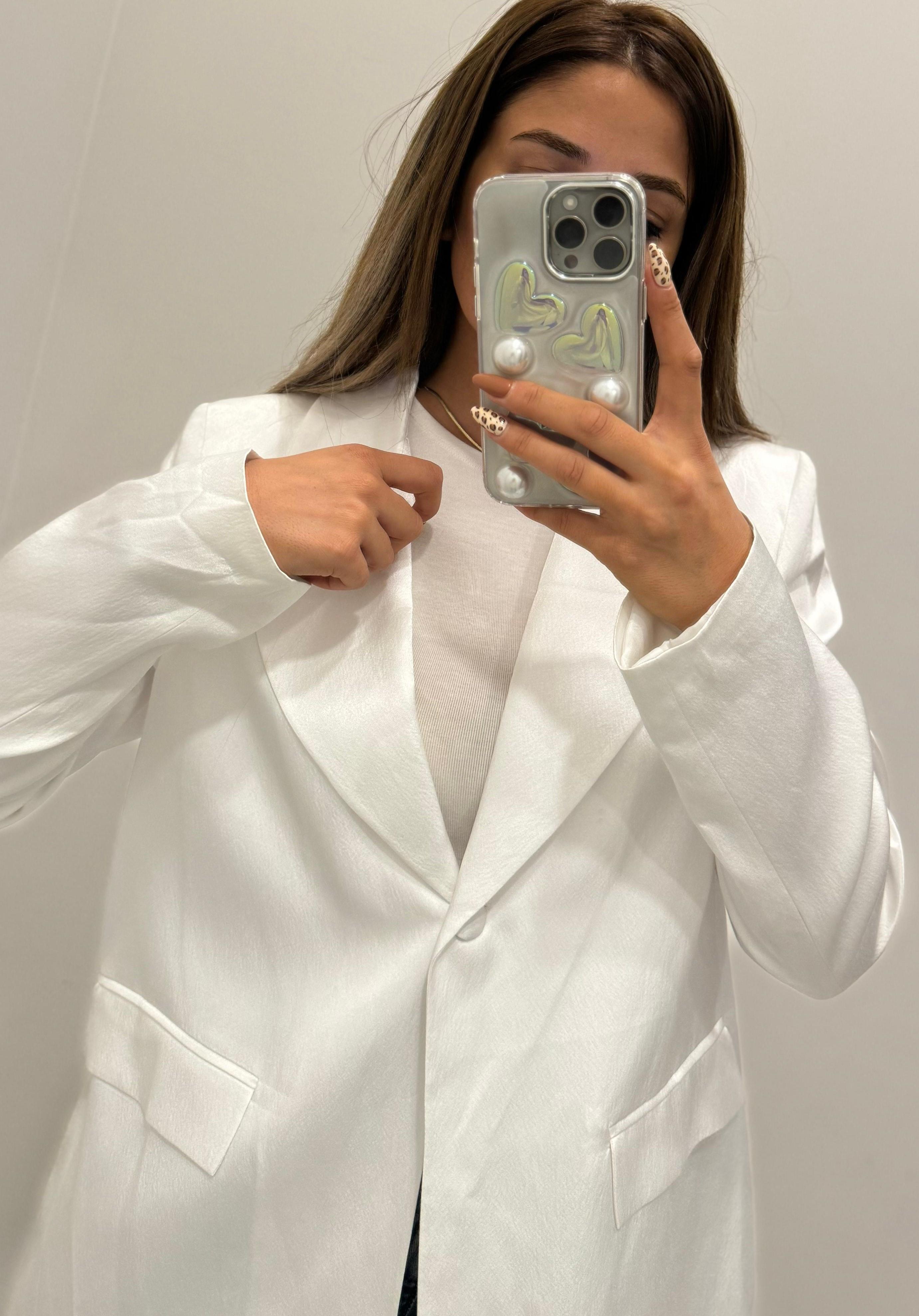 Saten Blazer Ceket - Beyaz