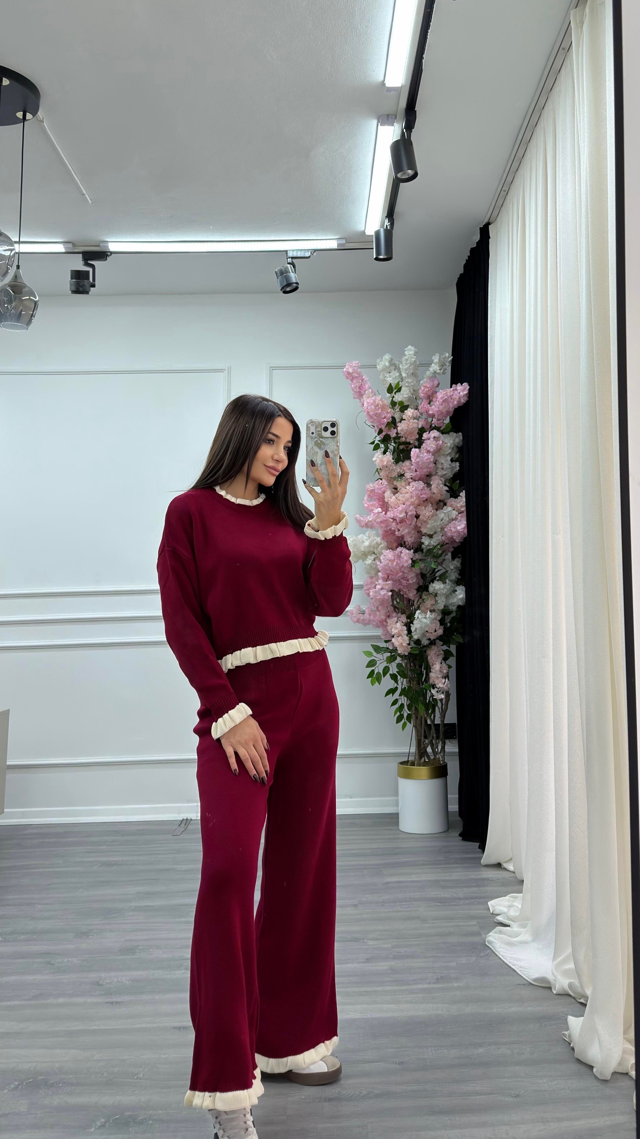 Şeritli Alt-Üst Triko Takım-Bordo