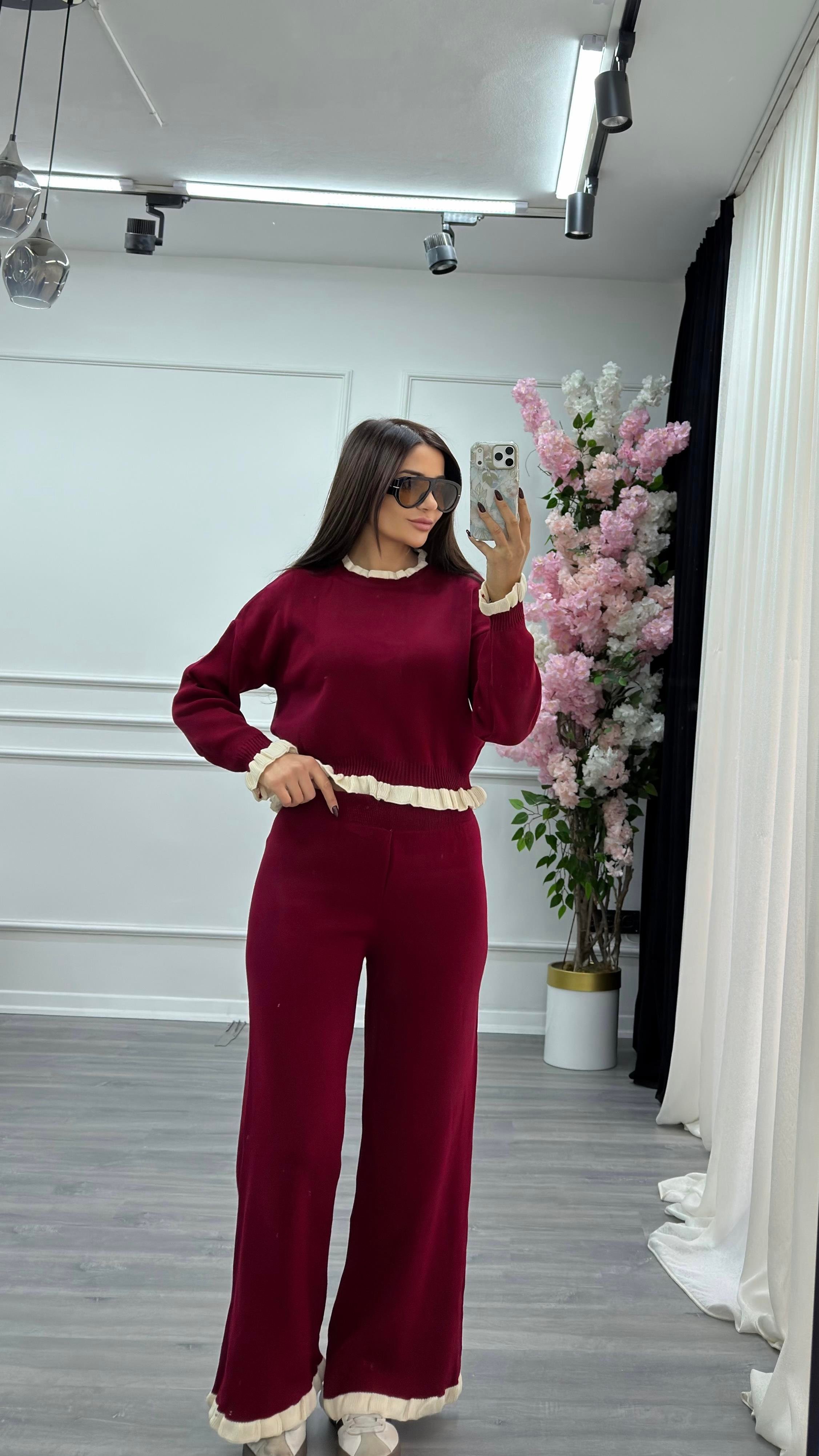Şeritli Alt-Üst Triko Takım-Bordo