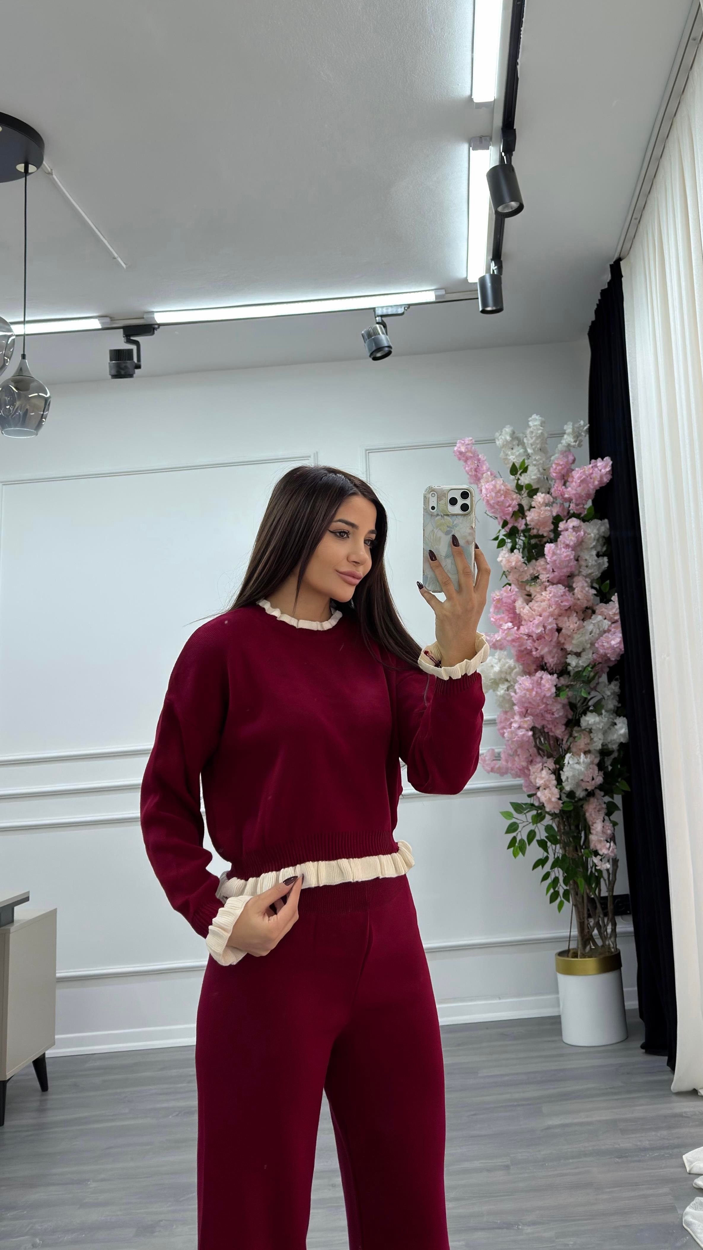 Şeritli Alt-Üst Triko Takım-Bordo