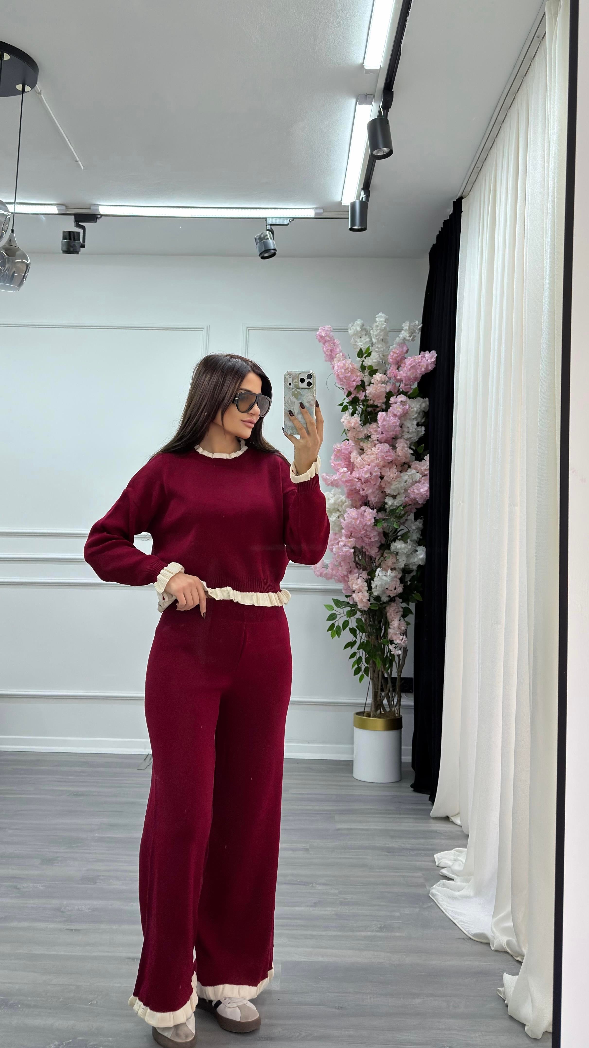 Şeritli Alt-Üst Triko Takım-Bordo