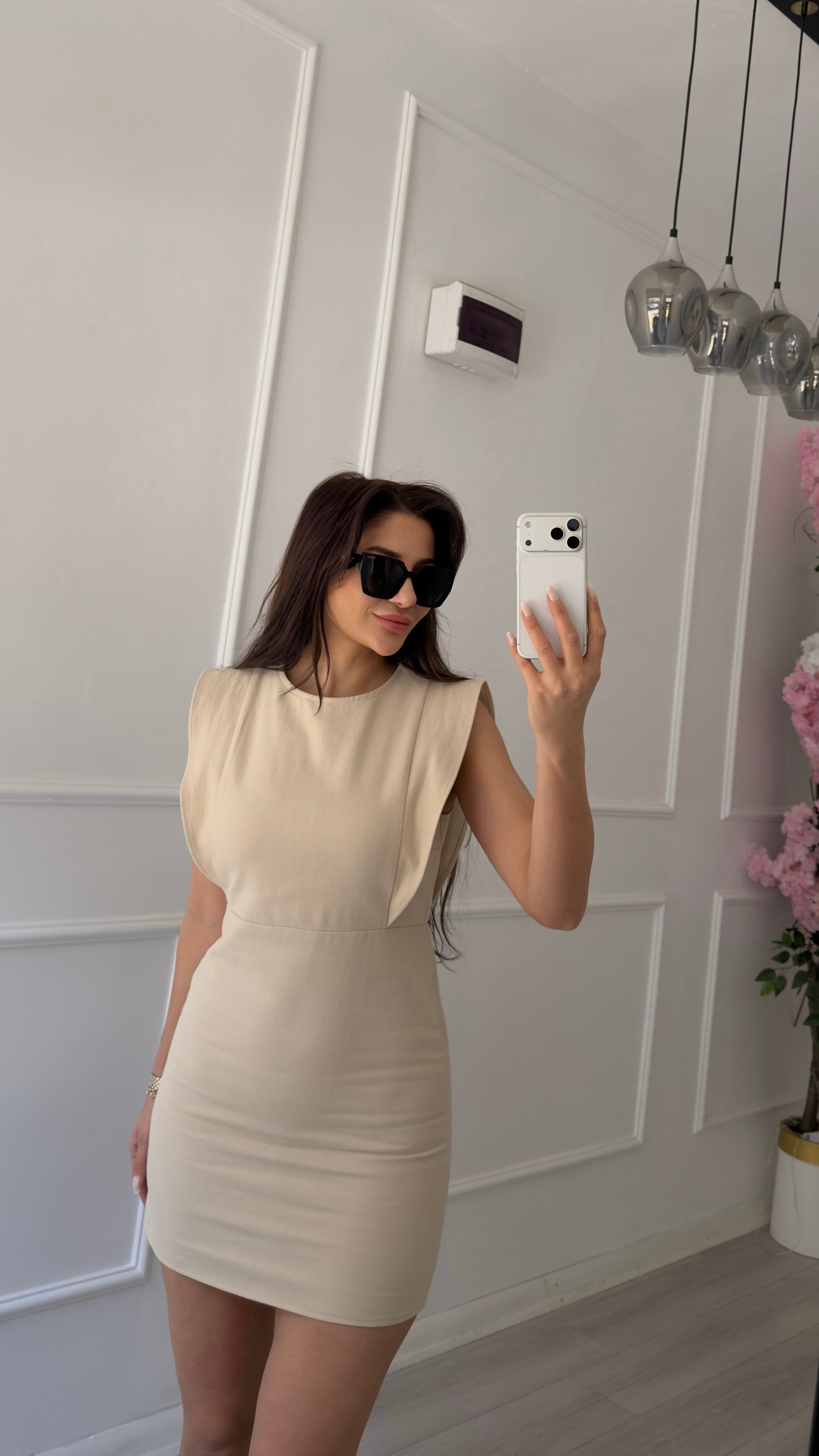 Sırt Fermuarlı Bej Gabardin Elbise