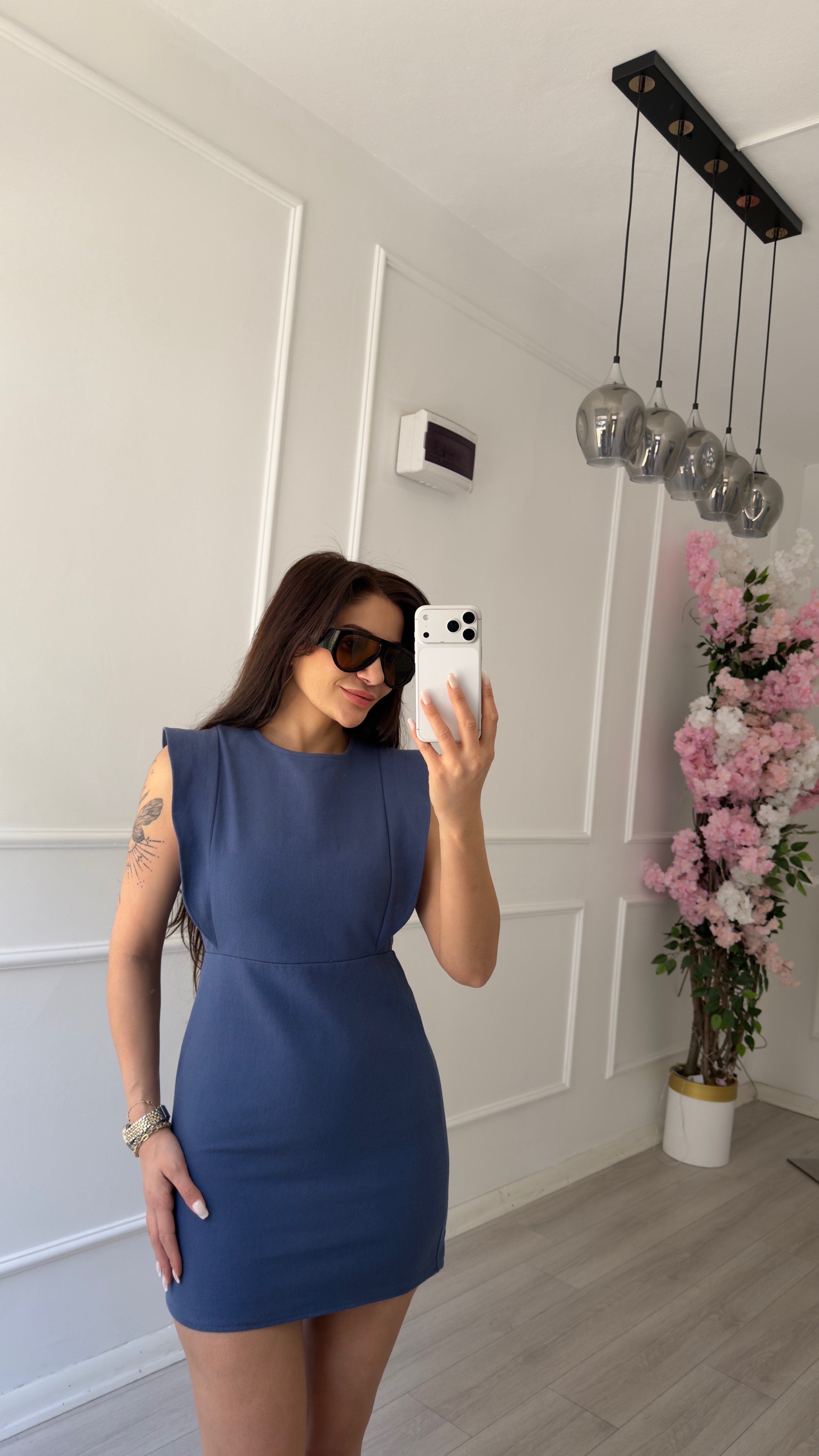 Sırt Fermuarlı Lacivert Gabardin Elbise
