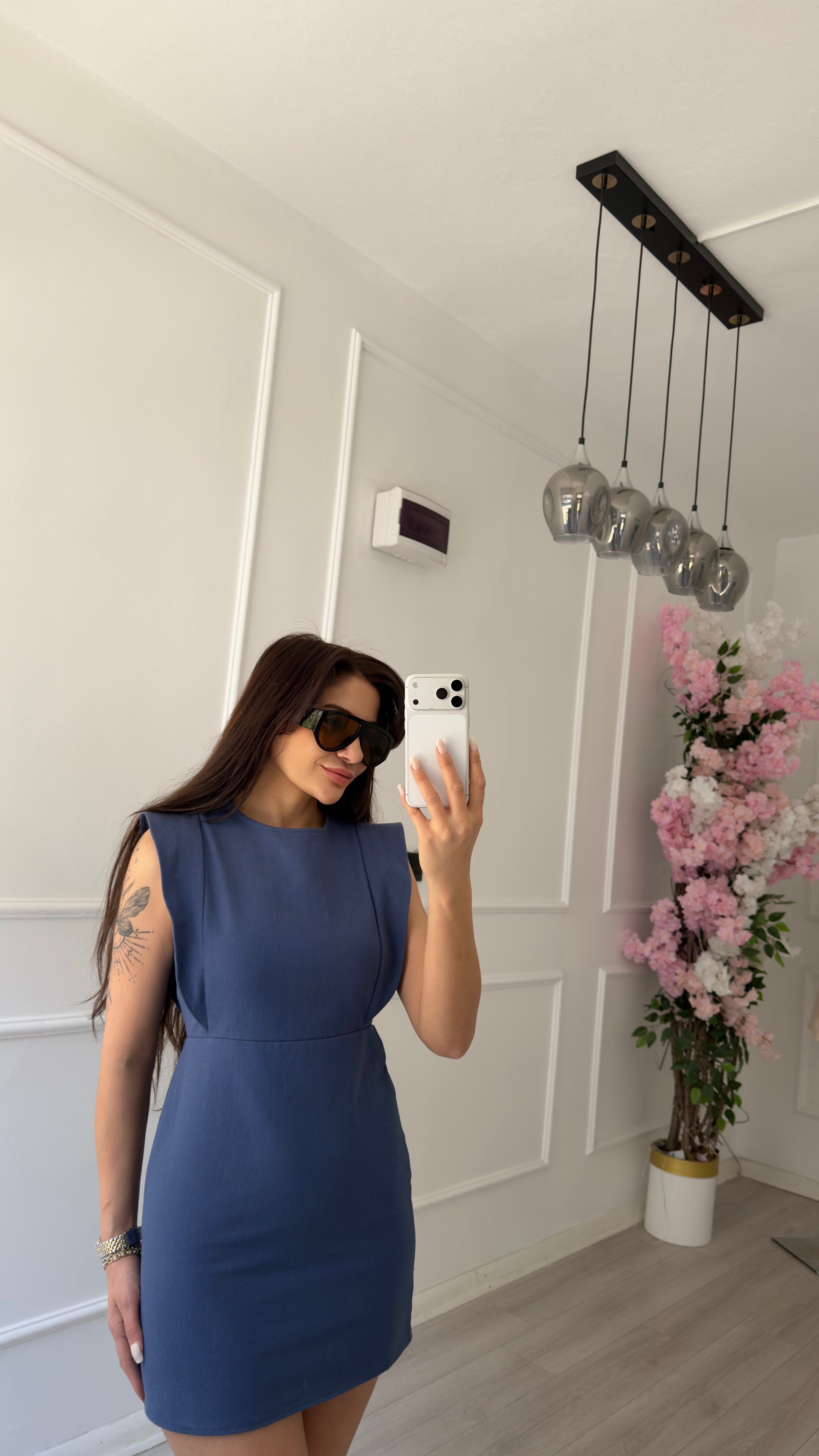 Sırt Fermuarlı Lacivert Gabardin Elbise