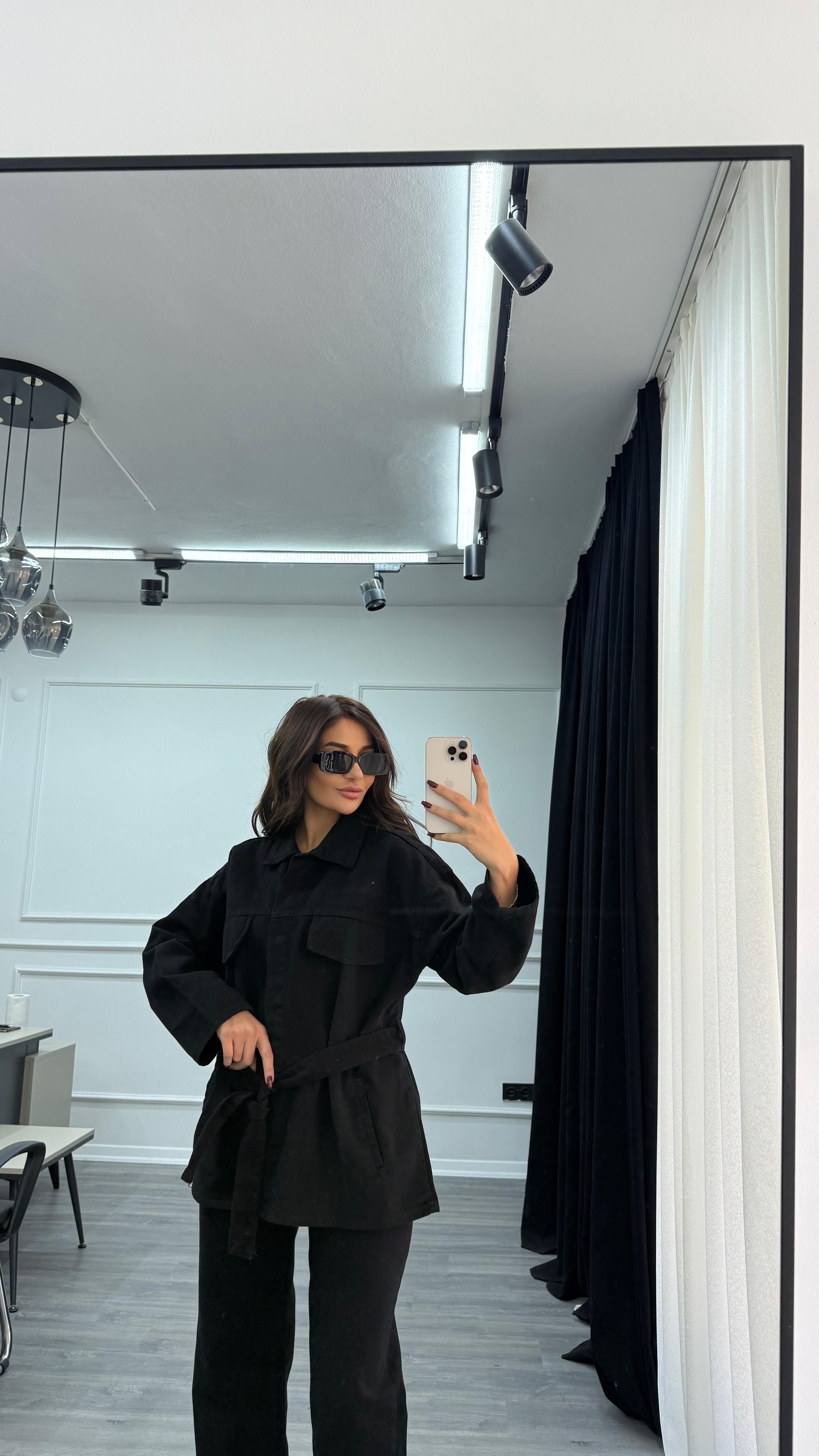 Siyah Bağlamalı Ceket ve Pantolon Denim Takım