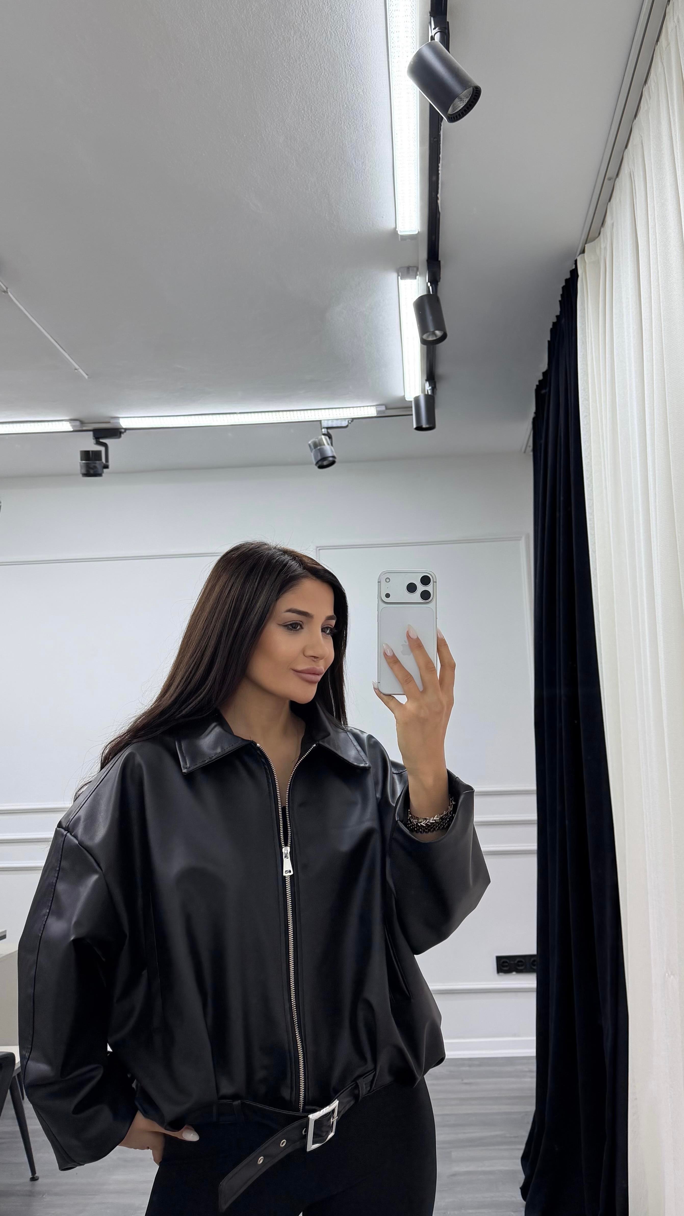 Siyah Beli Kemerli Bomber Oversize Deri Ceket