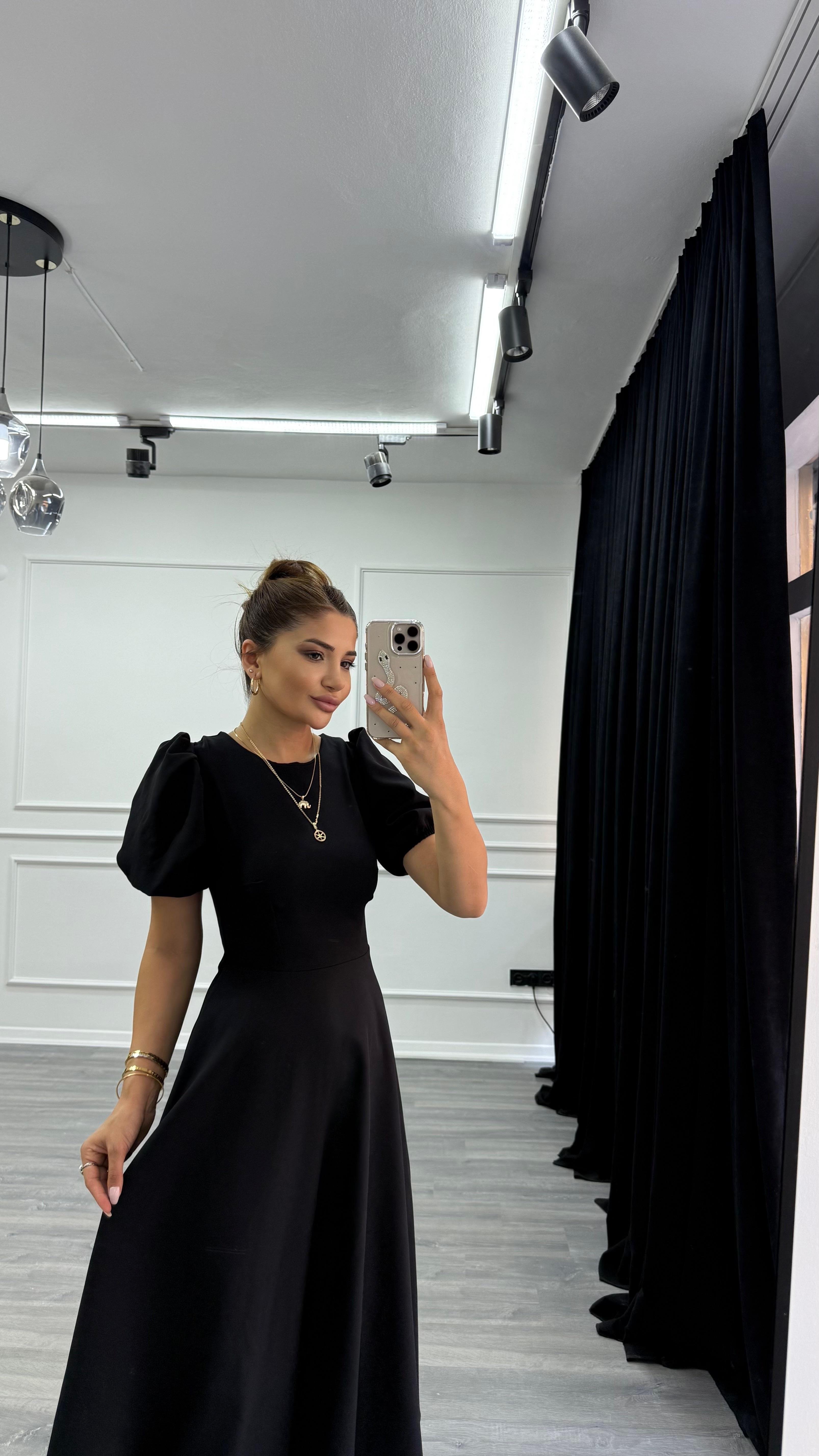 Siyah Bisiklet Yaka Kısa Karpuz Kol Midi Boy Premium Elbise