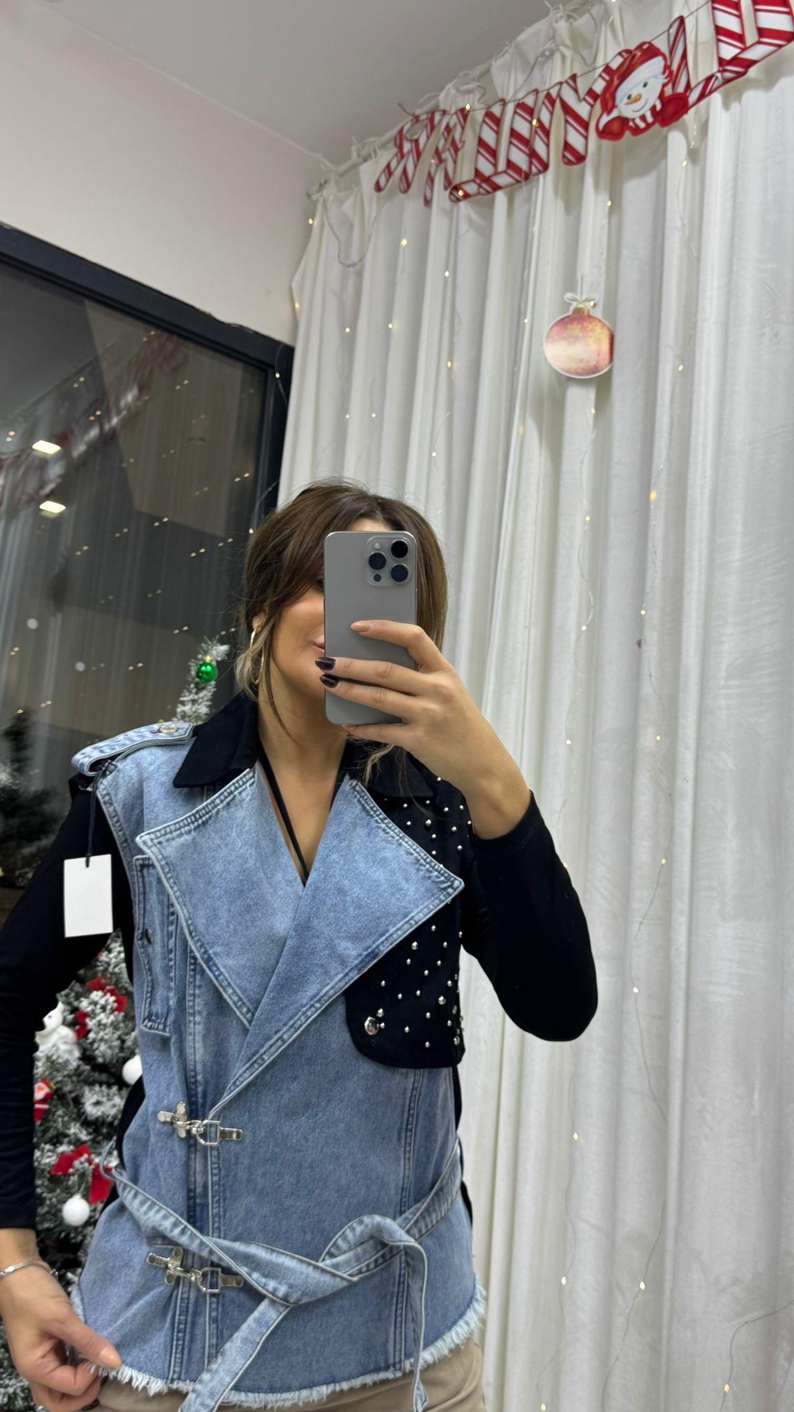 SİYAH  DETAY KEMERLİ KOT YELEK