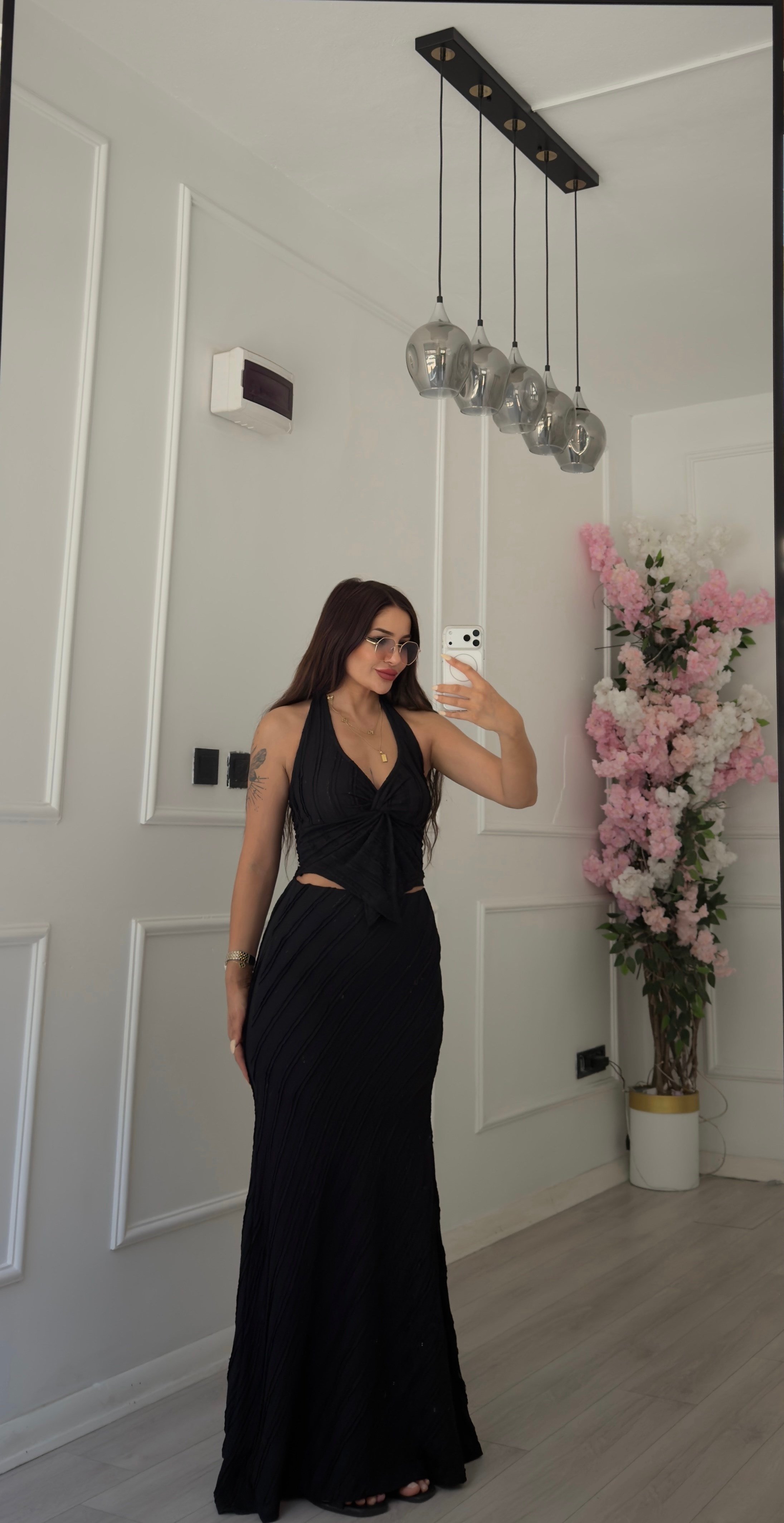 Siyah Halter Yaka Bluz Etek Takım
