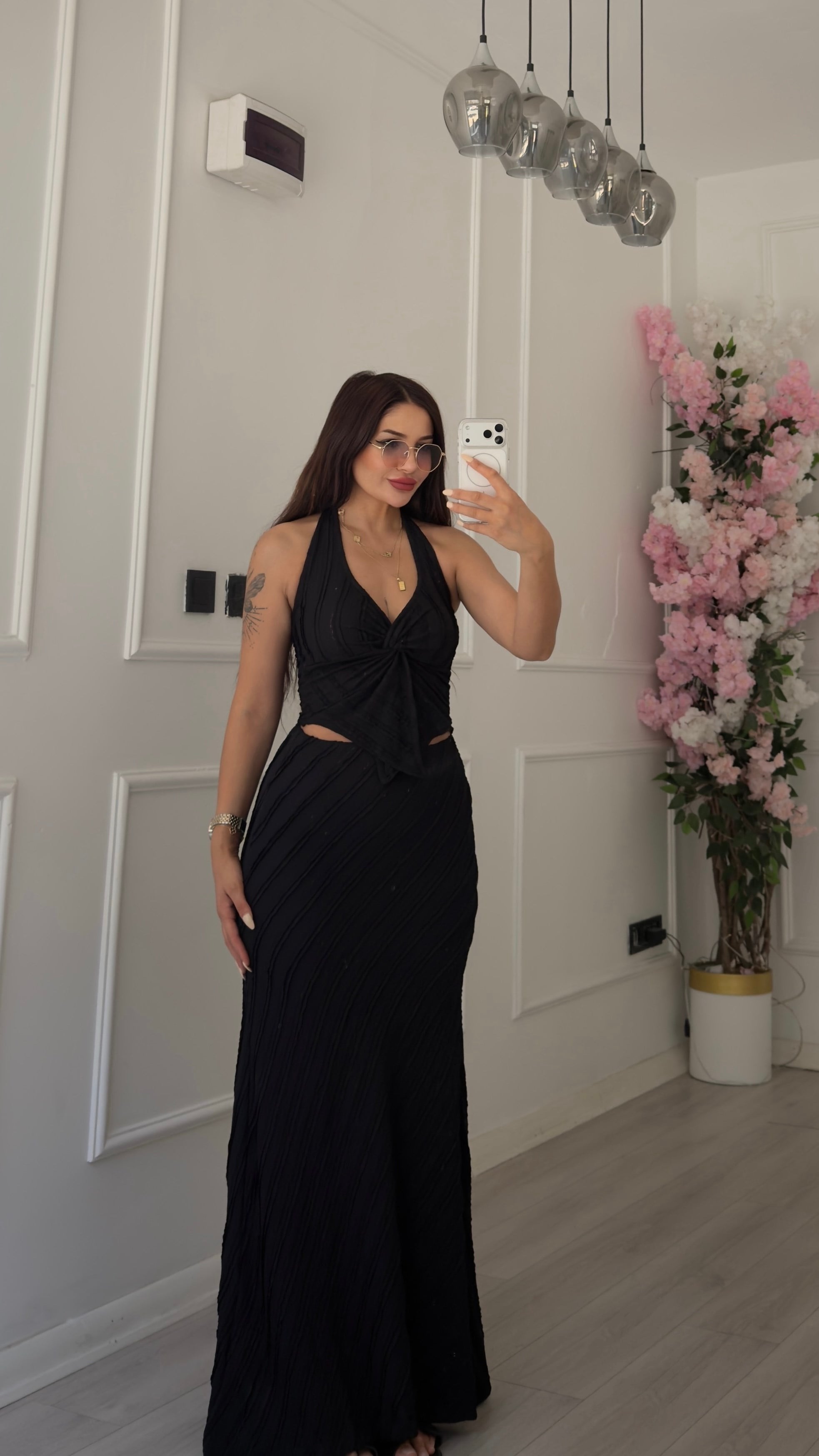 Siyah Halter Yaka Bluz Etek Takım