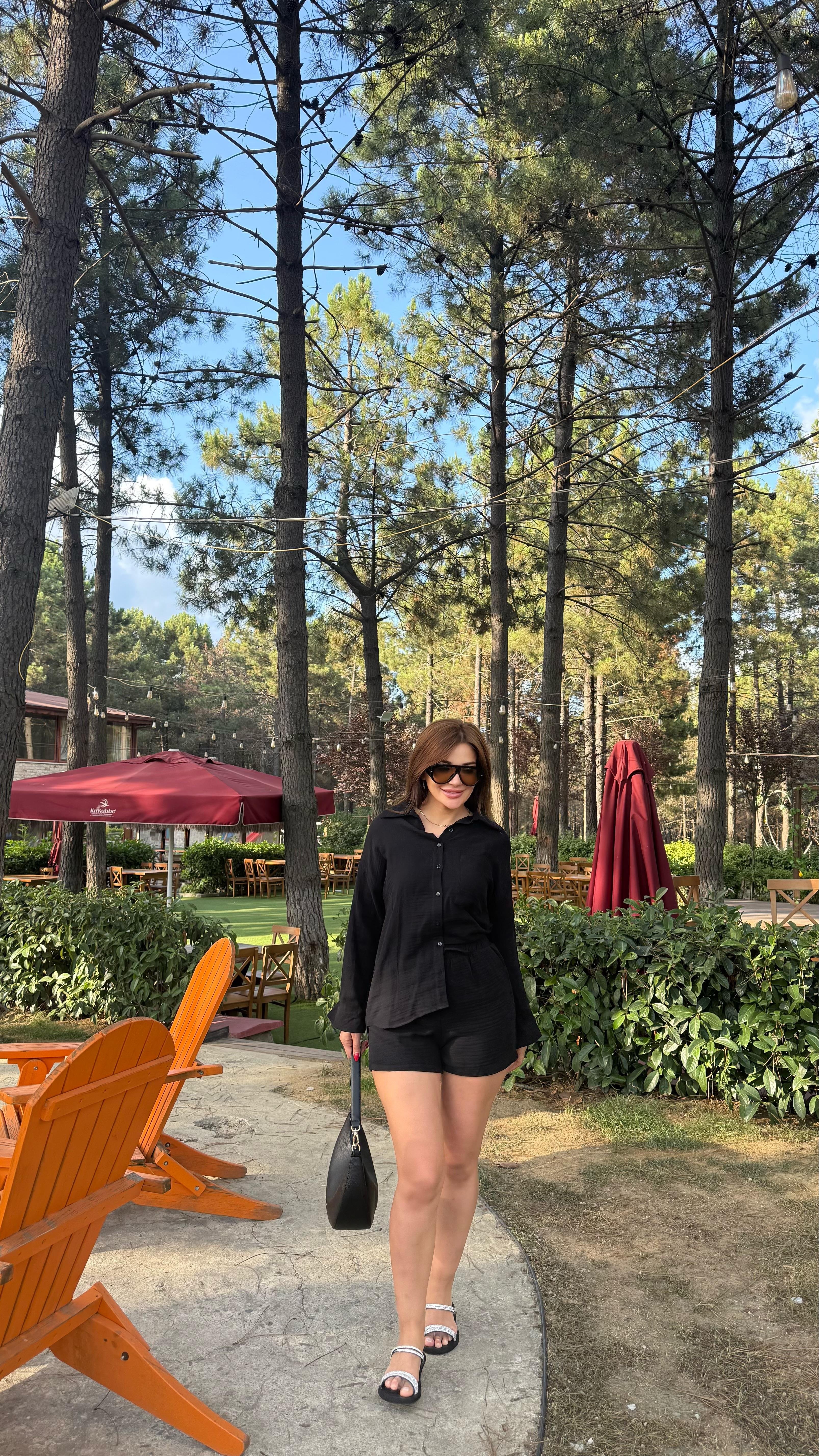 Siyah Müslin Kumaş Rahat Kesim Gömlek Şort İkili Takım