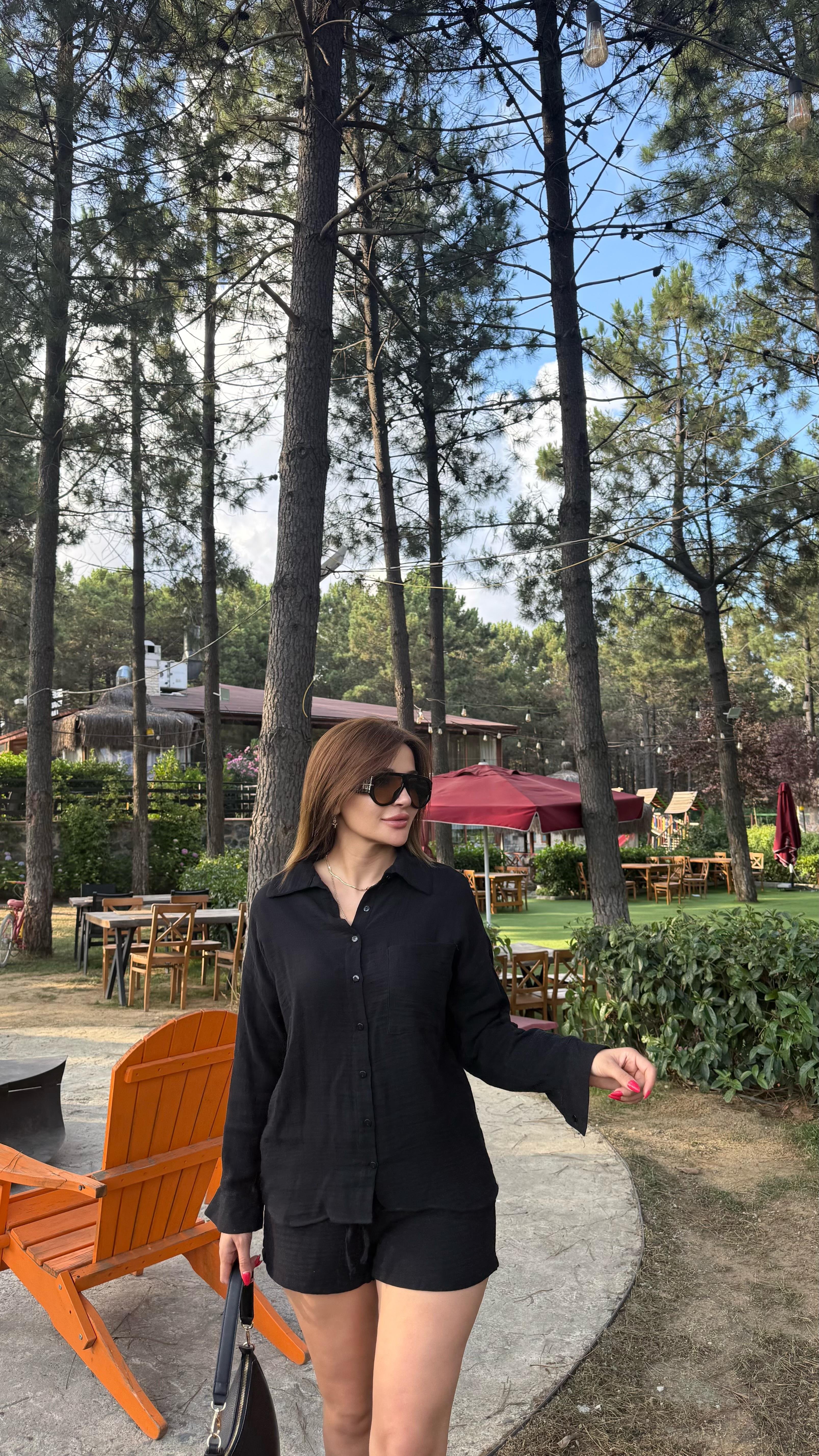 Siyah Müslin Kumaş Rahat Kesim Gömlek Şort İkili Takım
