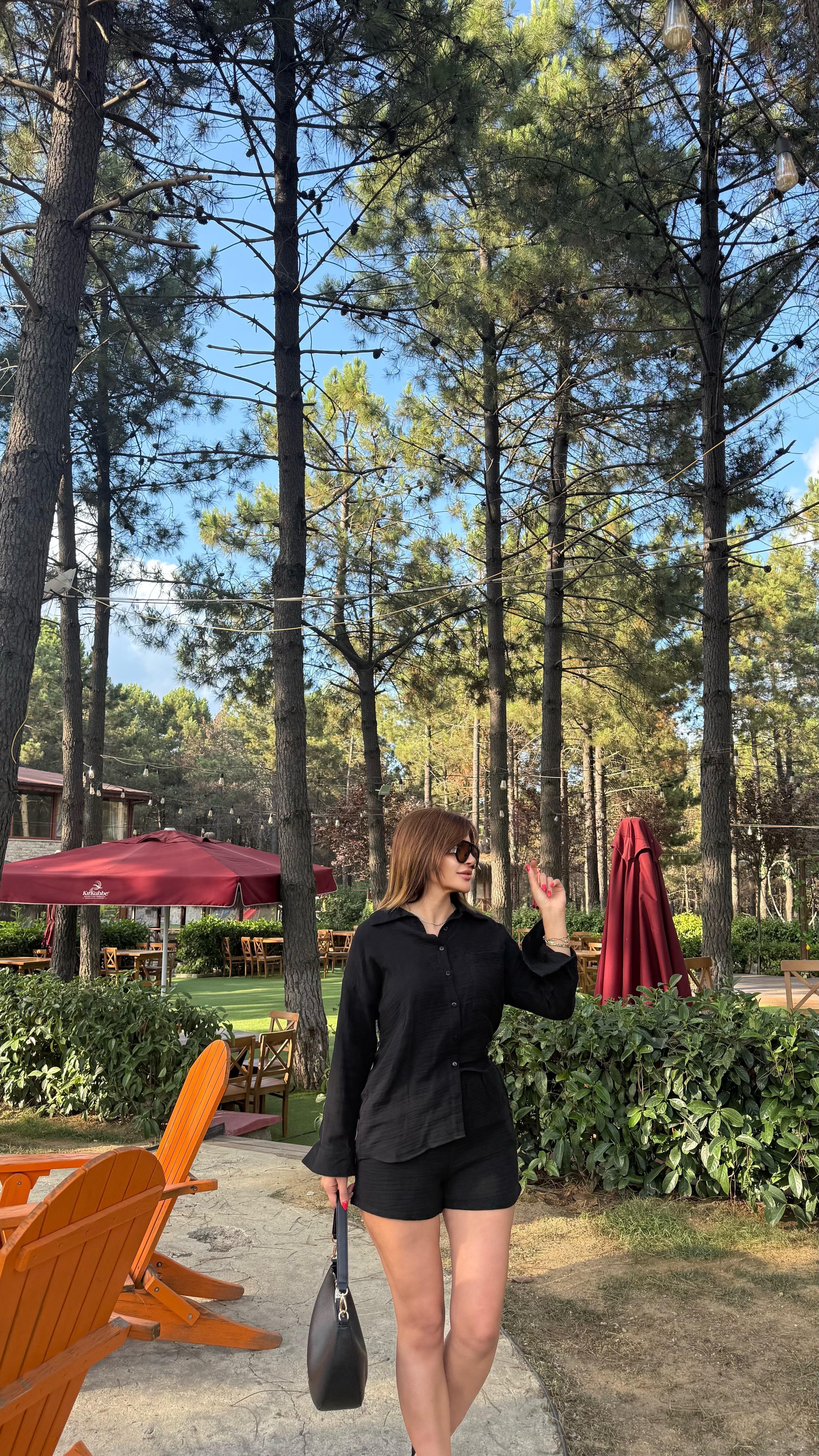 Siyah Müslin Kumaş Rahat Kesim Gömlek Şort İkili Takım