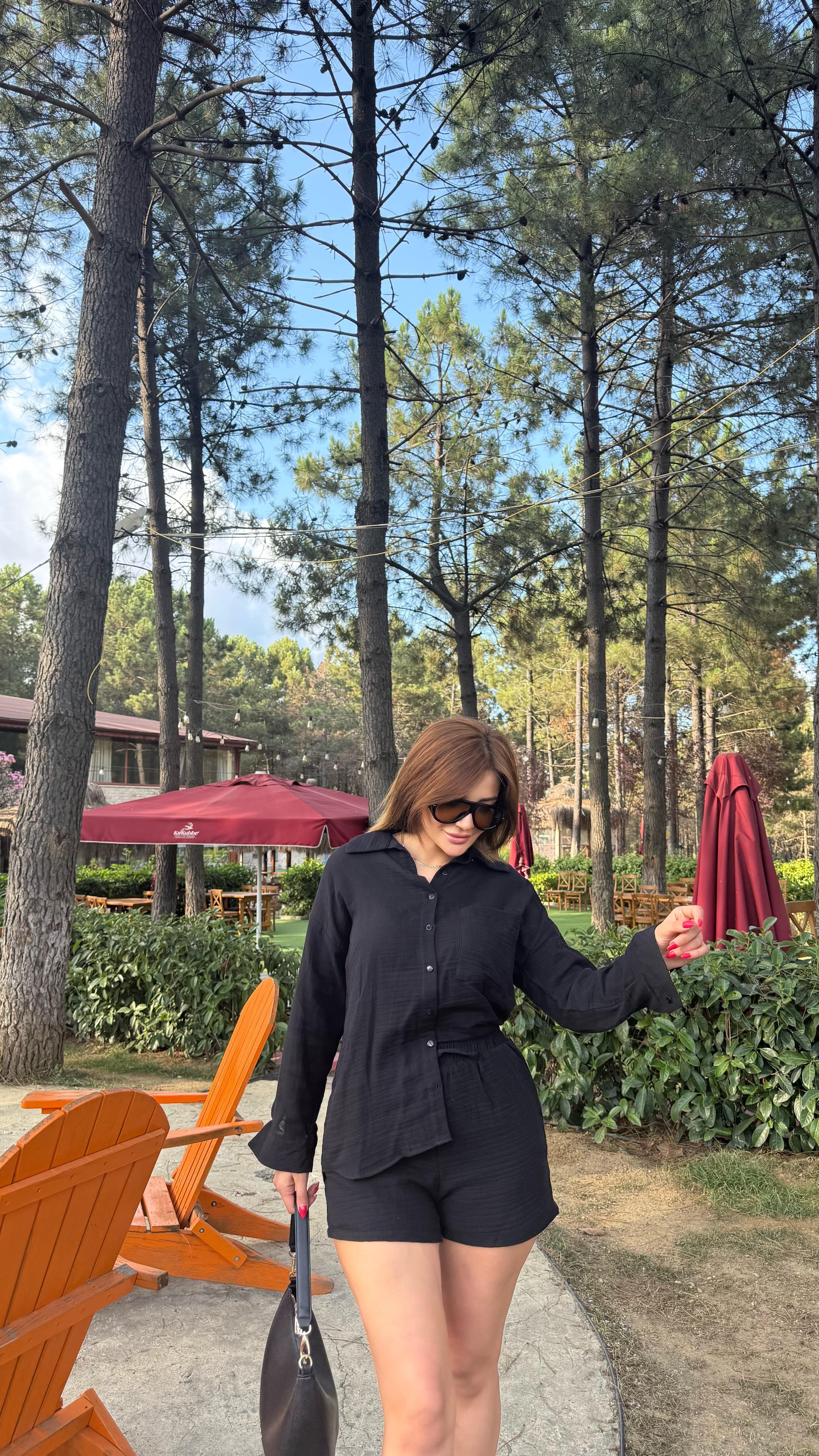 Siyah Müslin Kumaş Rahat Kesim Gömlek Şort İkili Takım