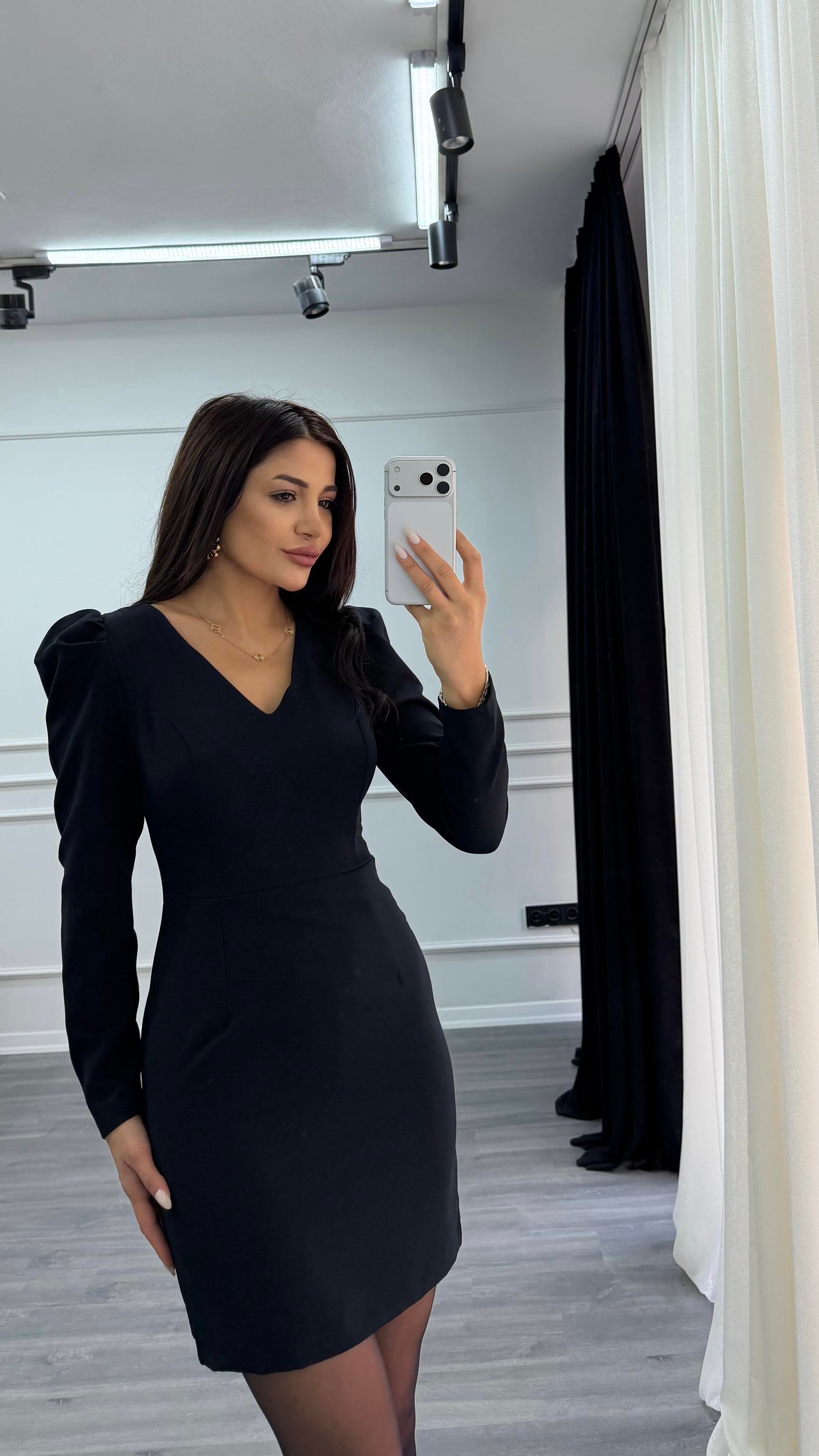 Siyah V Yaka Balon Kol Kısa Boy Dokuma Elbise