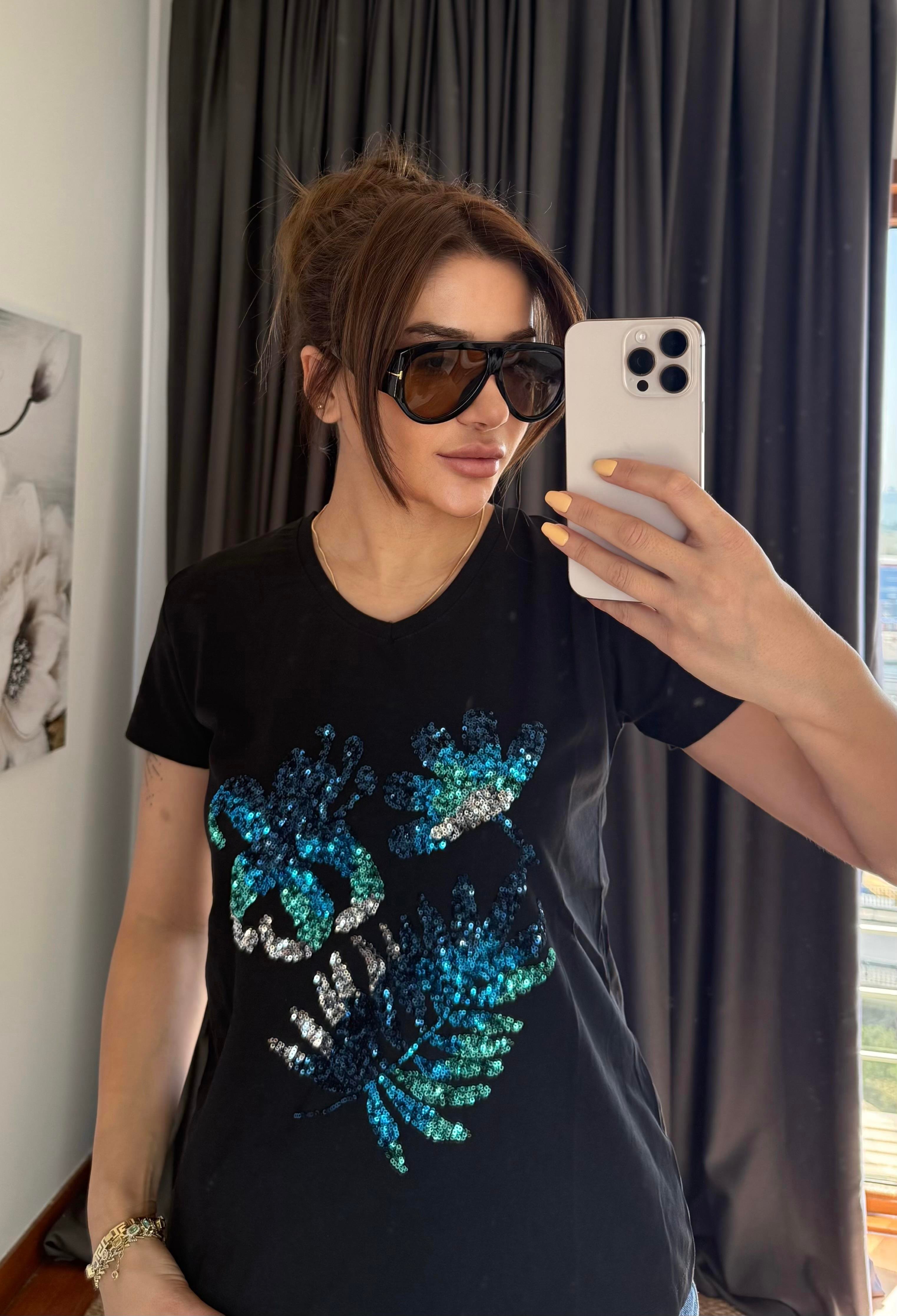 Siyah Yeni Sezon %100 Pamuk T-shirt-Çiçek İşlemeli