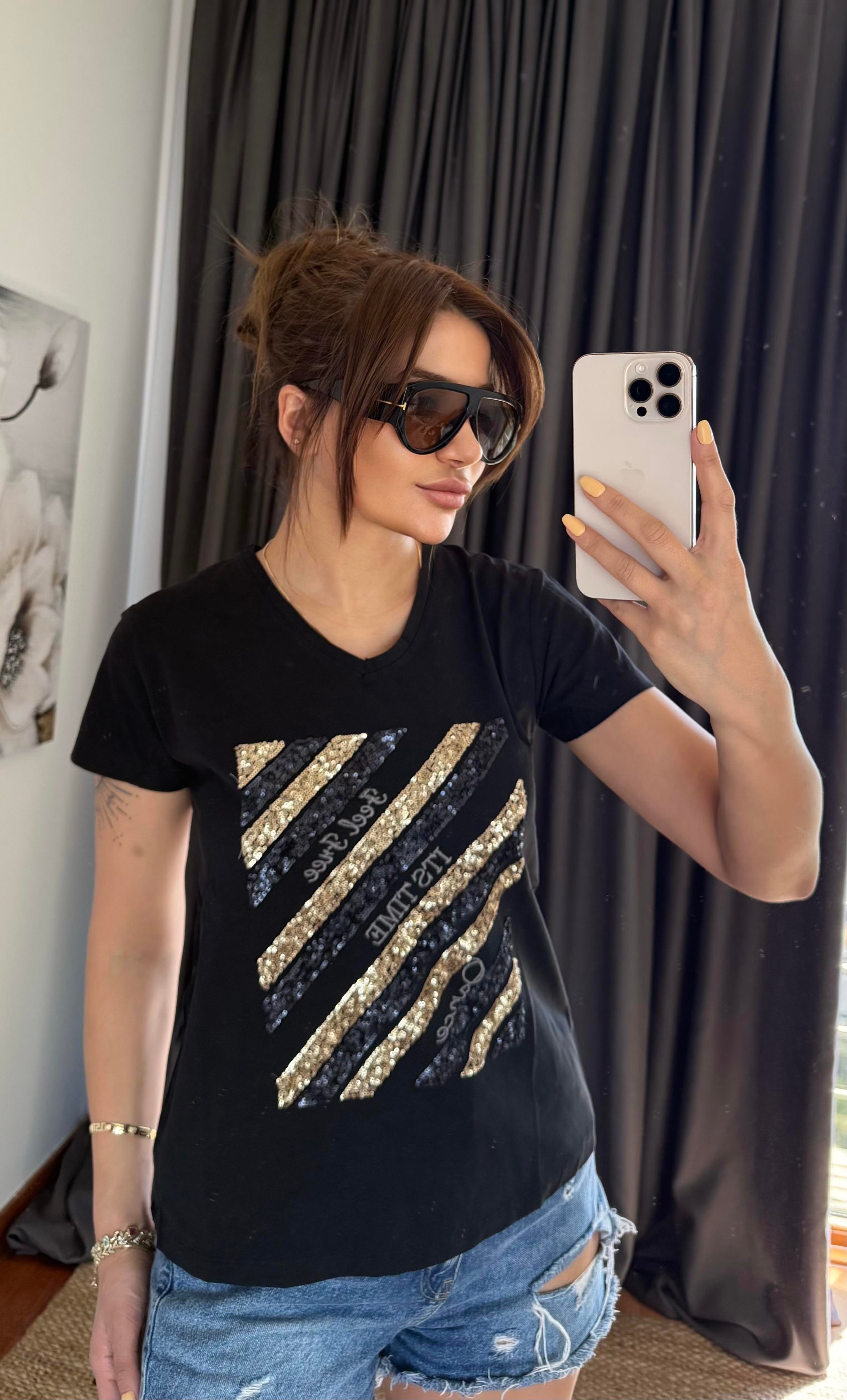 Siyah Yeni Sezon %100 Pamuk T-shirt-İşlemeli