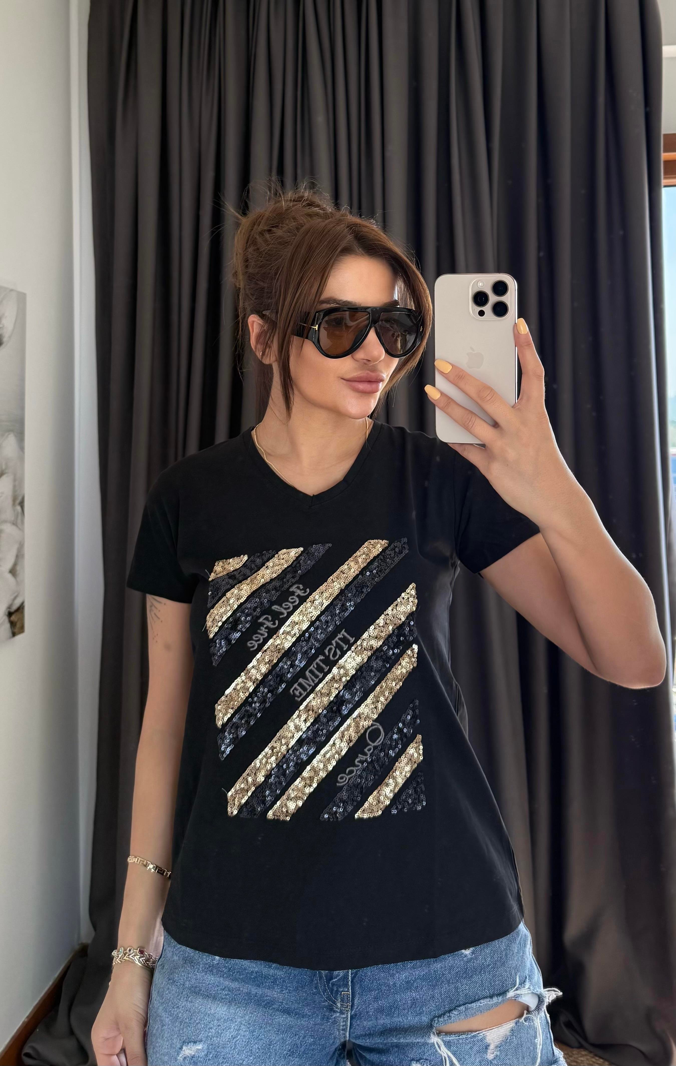 Siyah Yeni Sezon %100 Pamuk T-shirt-İşlemeli