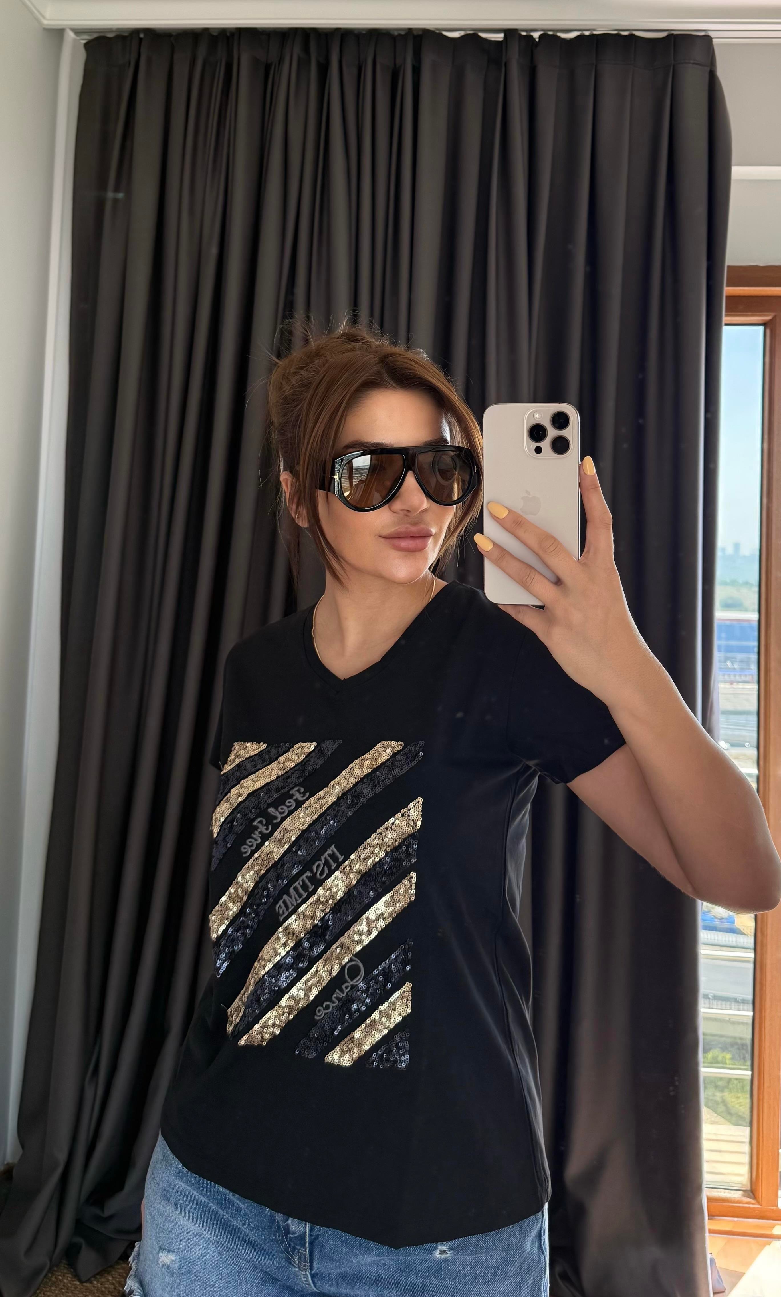 Siyah Yeni Sezon %100 Pamuk T-shirt-İşlemeli