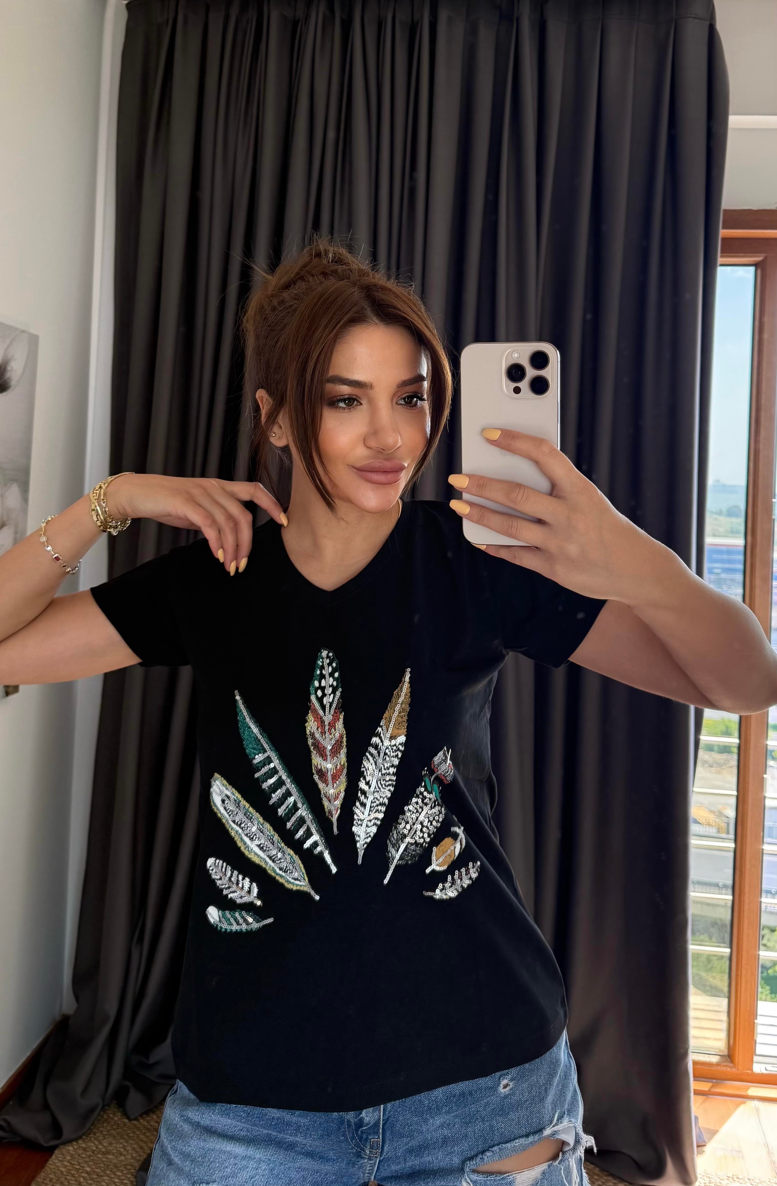 Siyah Yeni Sezon %100 Pamuk T-shirt-Tuy İşlemeli