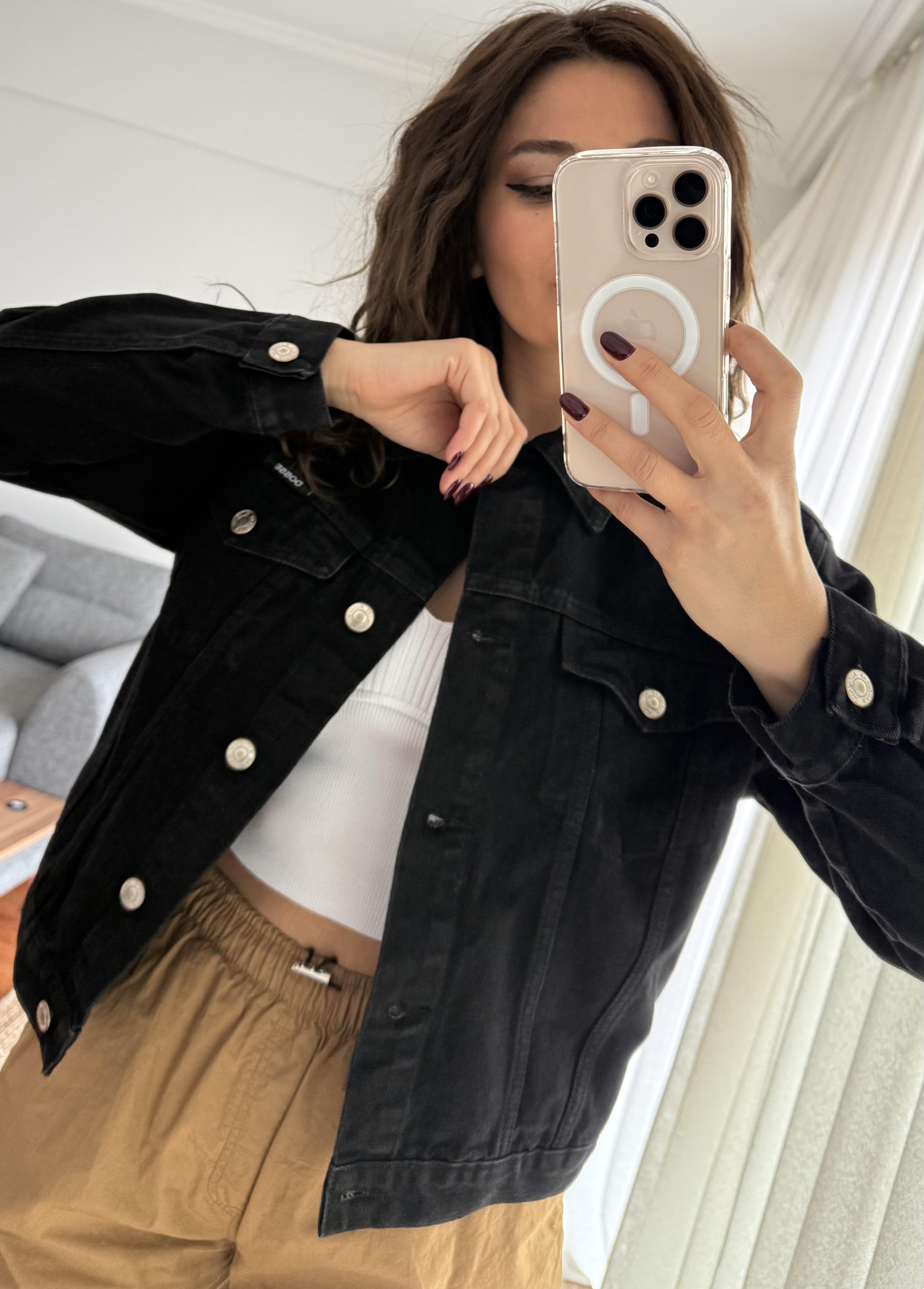 Slim Fit Yıkamalı Denim Kot Ceket -Siyah