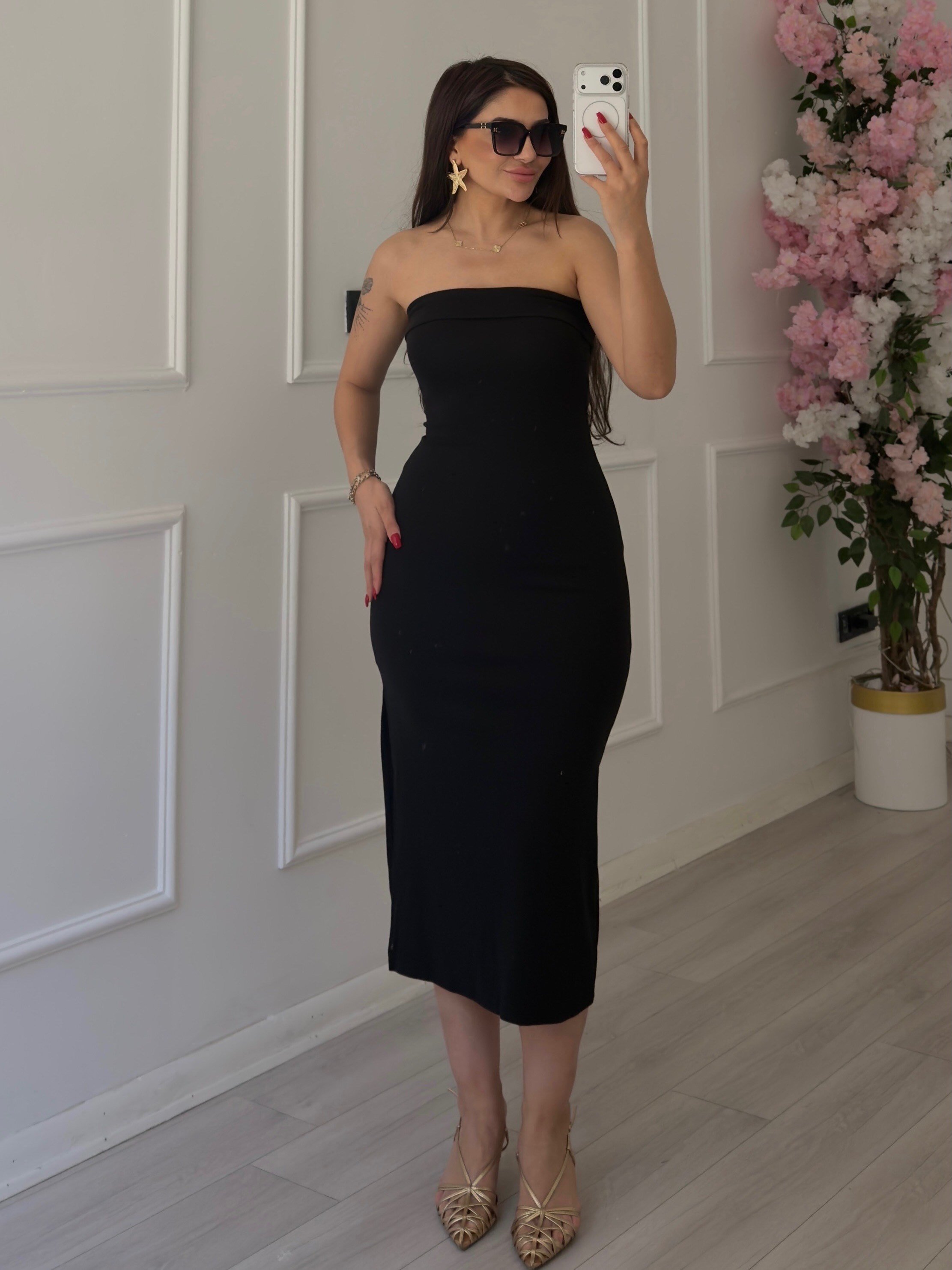 Straplez Yırtmaçlı Midi Elbise Siyah