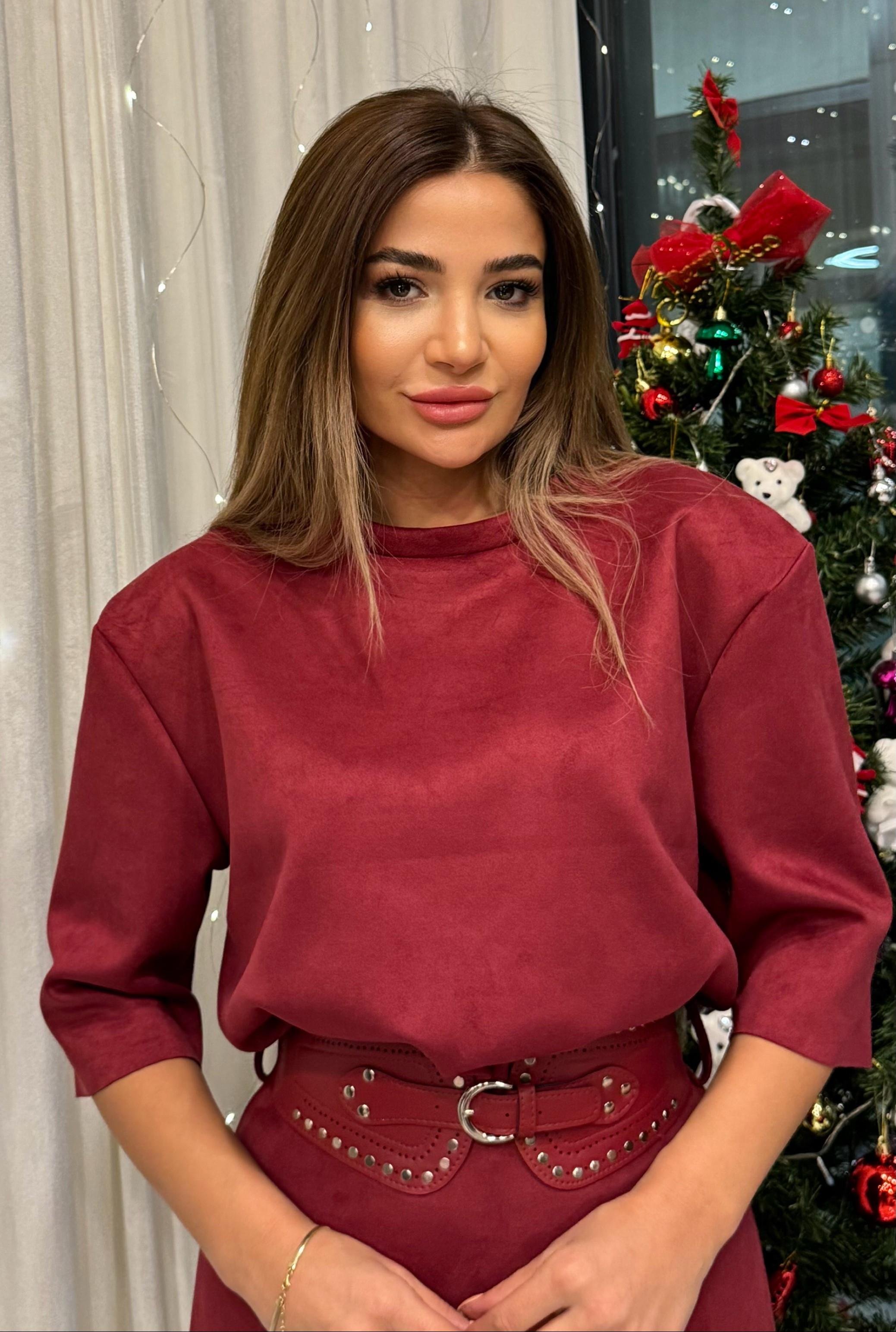 Süet Kumaş Kemerli Elbise-Bordo