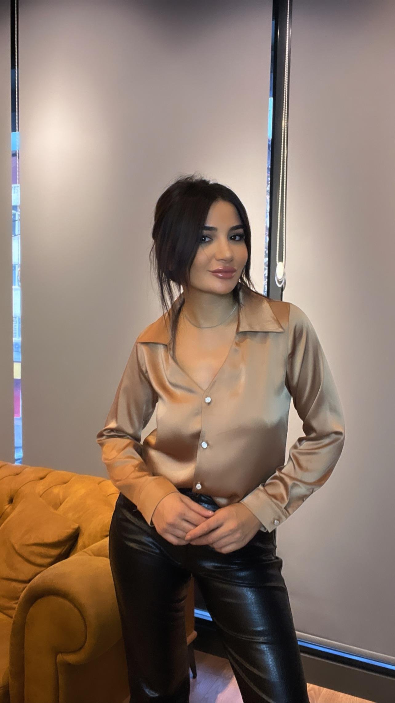 Taba Basic Uzun Kollu  Kadın Saten Gömlek