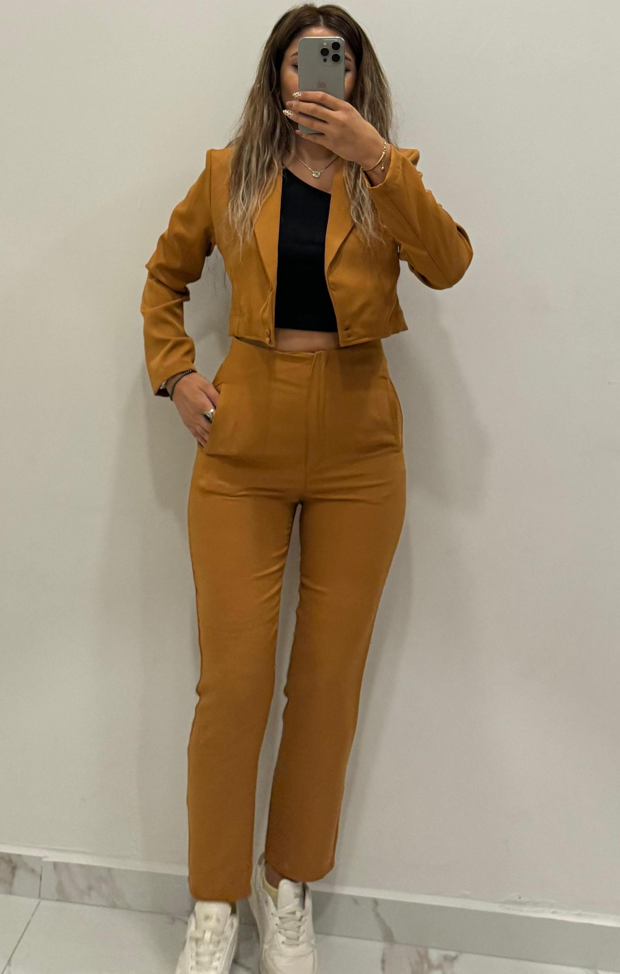 Taba Pantolon Crop Ceket Takım