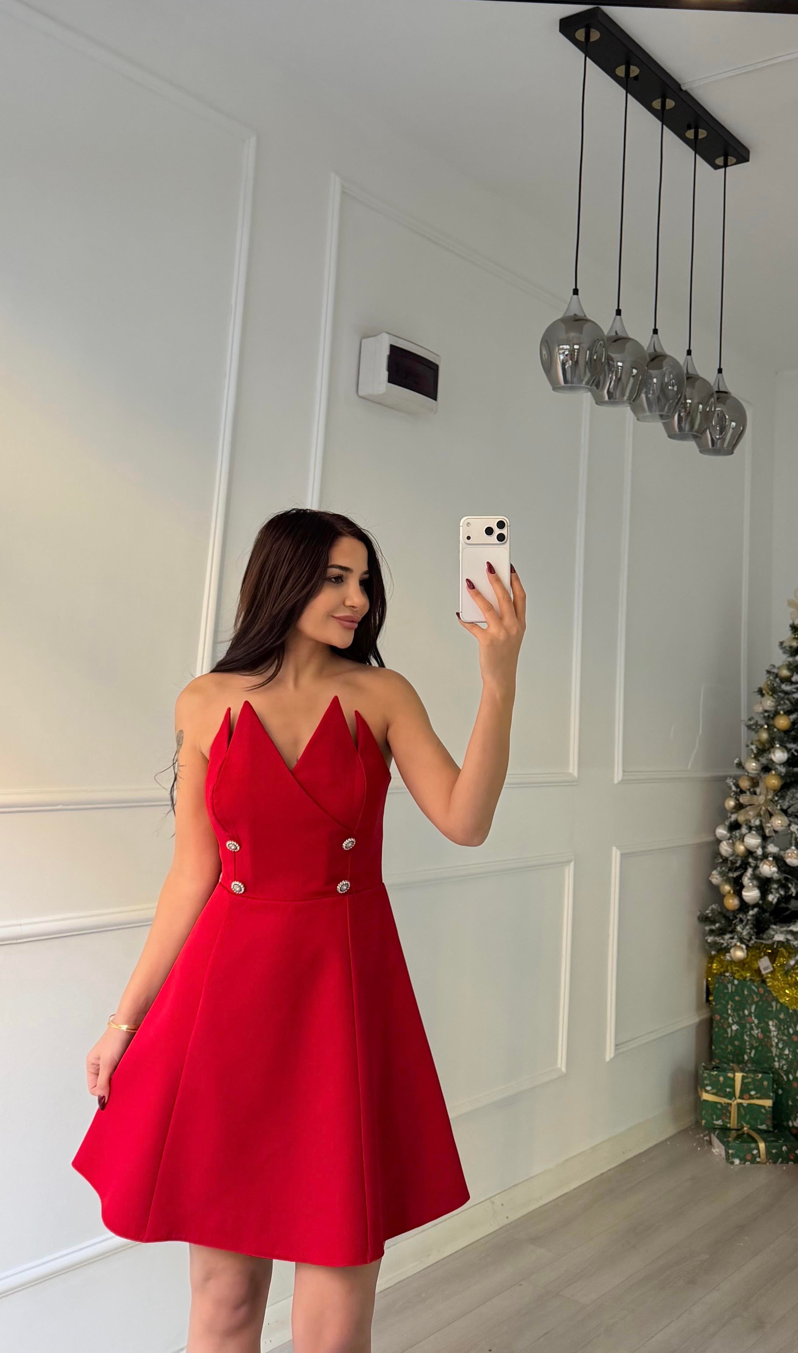 Taş Detaylı Straplez Mini Abiye Elbise-Kırmızı
