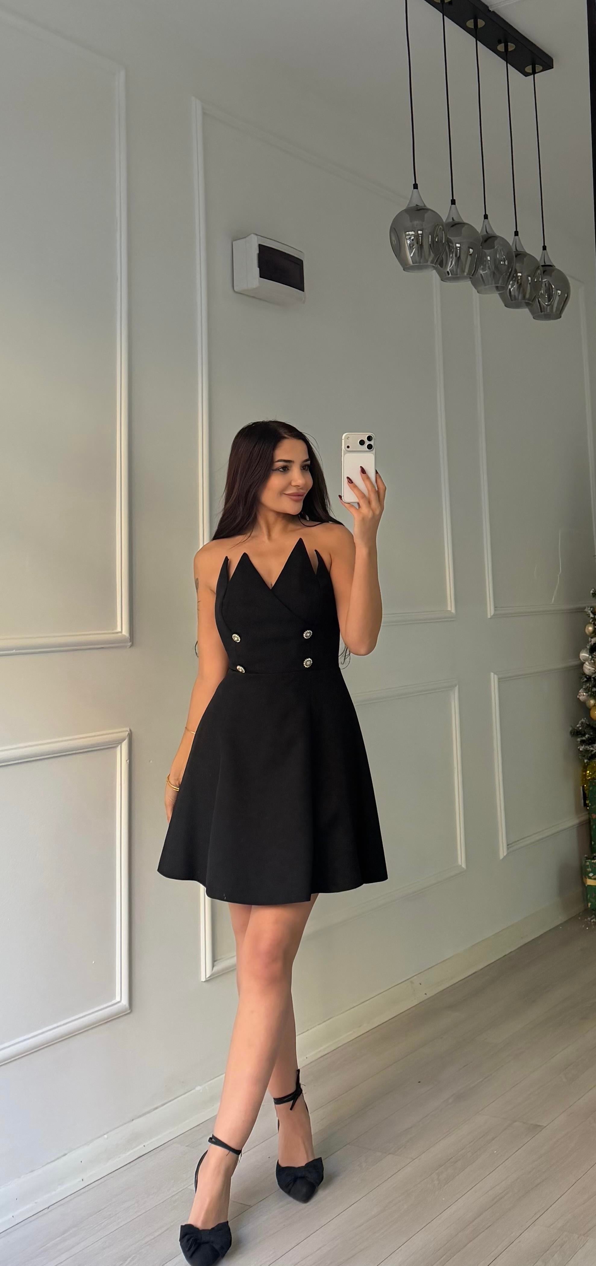 Taş Detaylı Straplez Mini Abiye Elbise-siyah