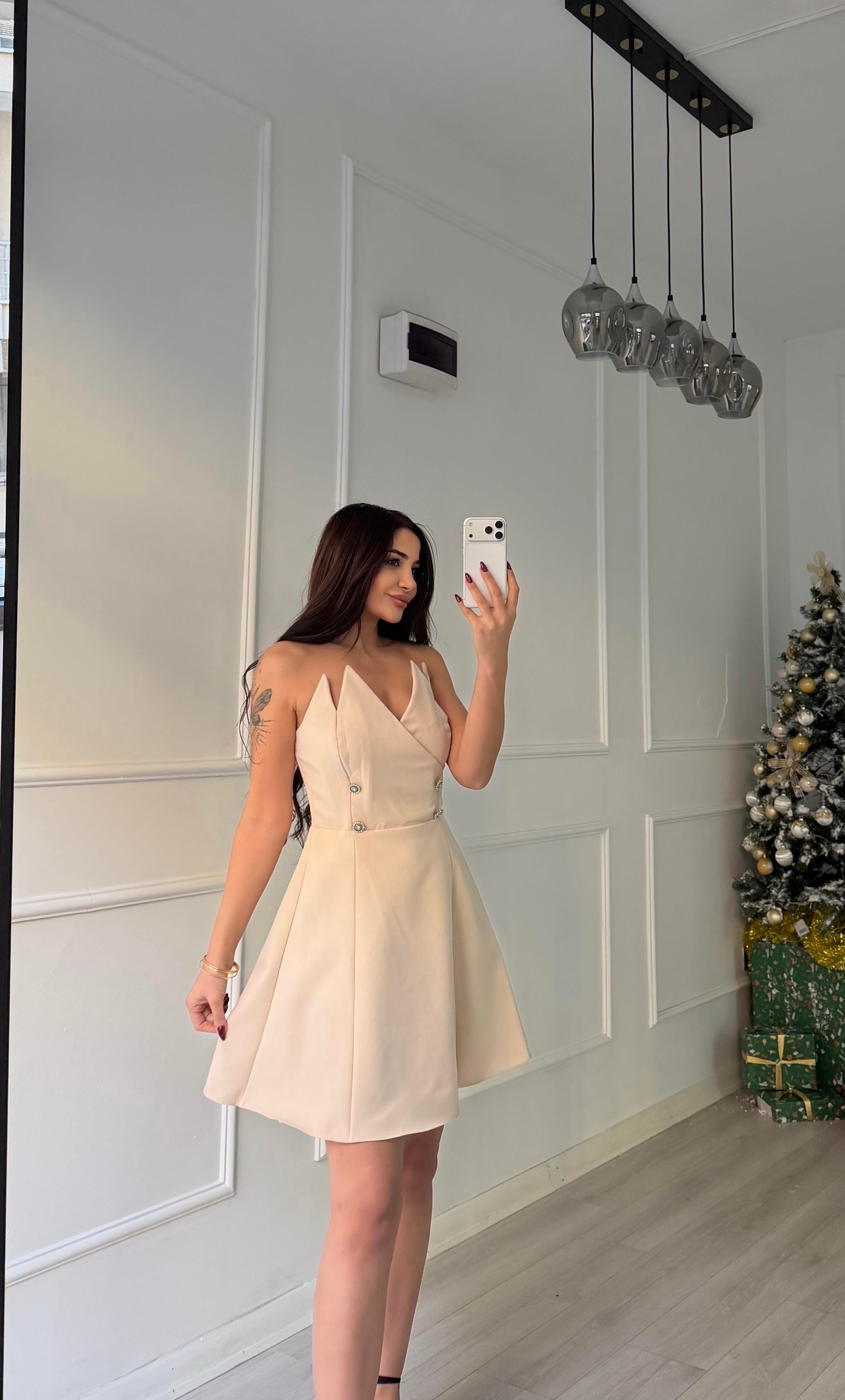 Taş Detaylı Straplez Mini Abiye Elbise-Bej