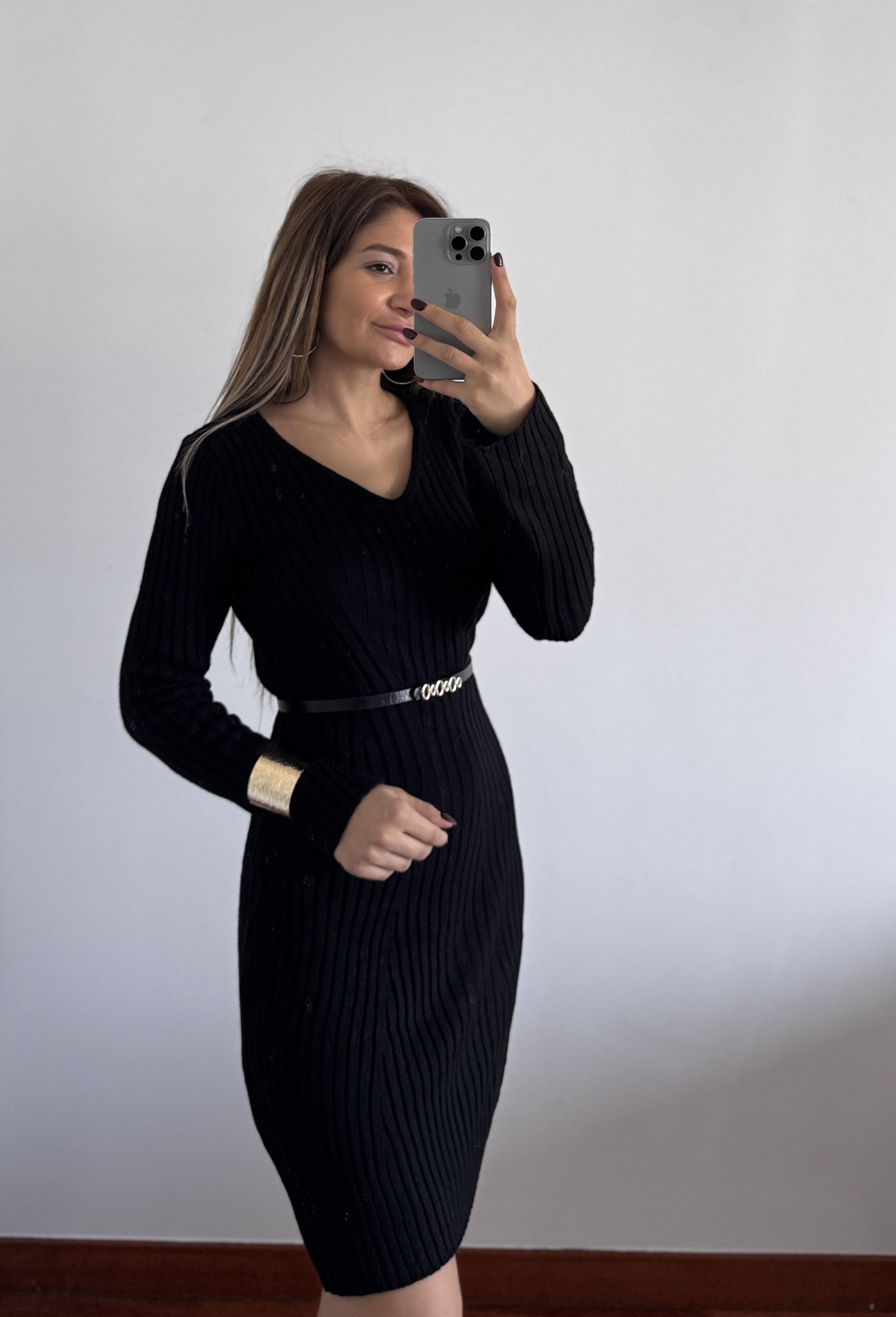 Triko Elbise -Siyah