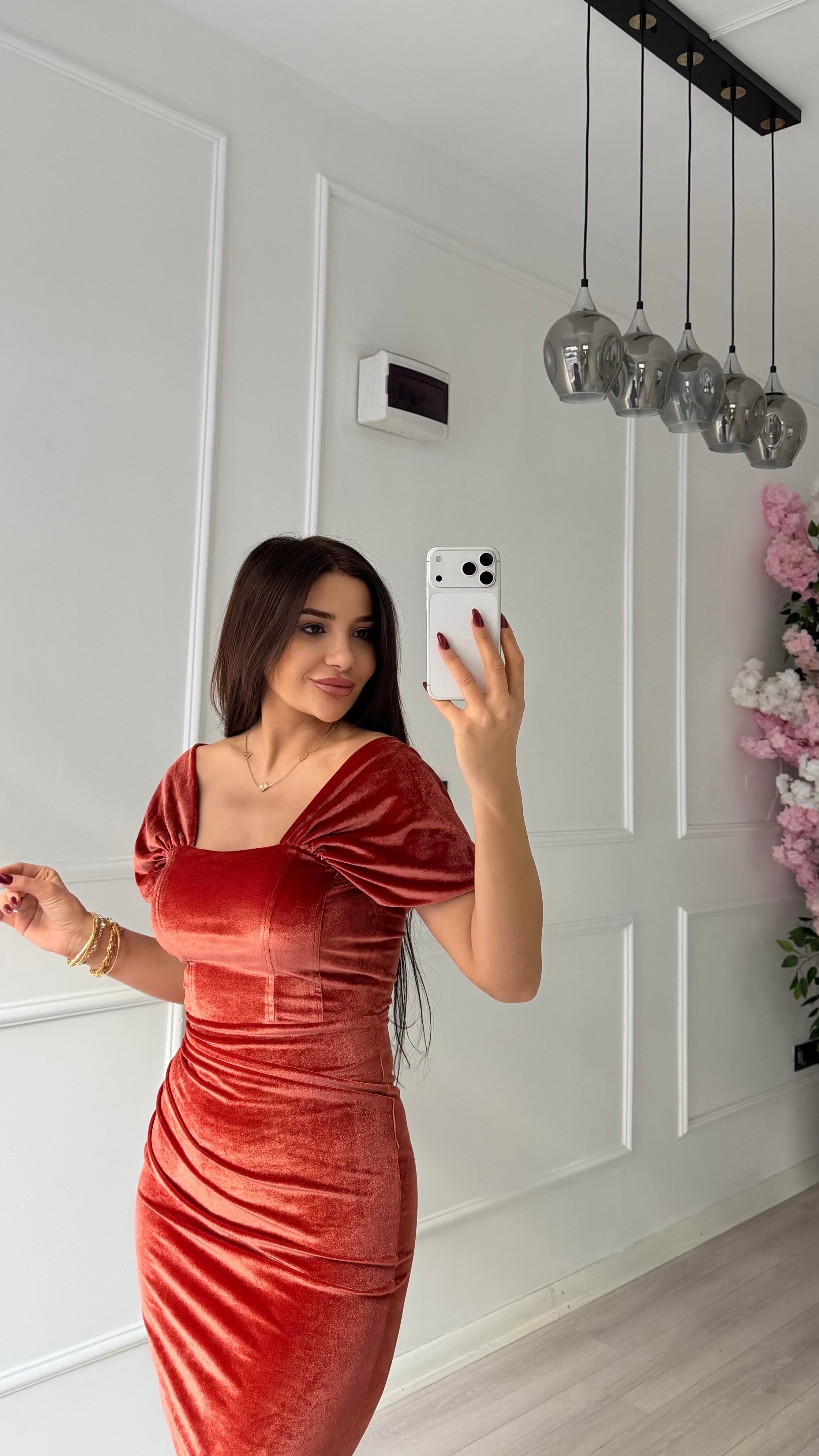 Turuncu Yanı Drape Detaylı Elbise