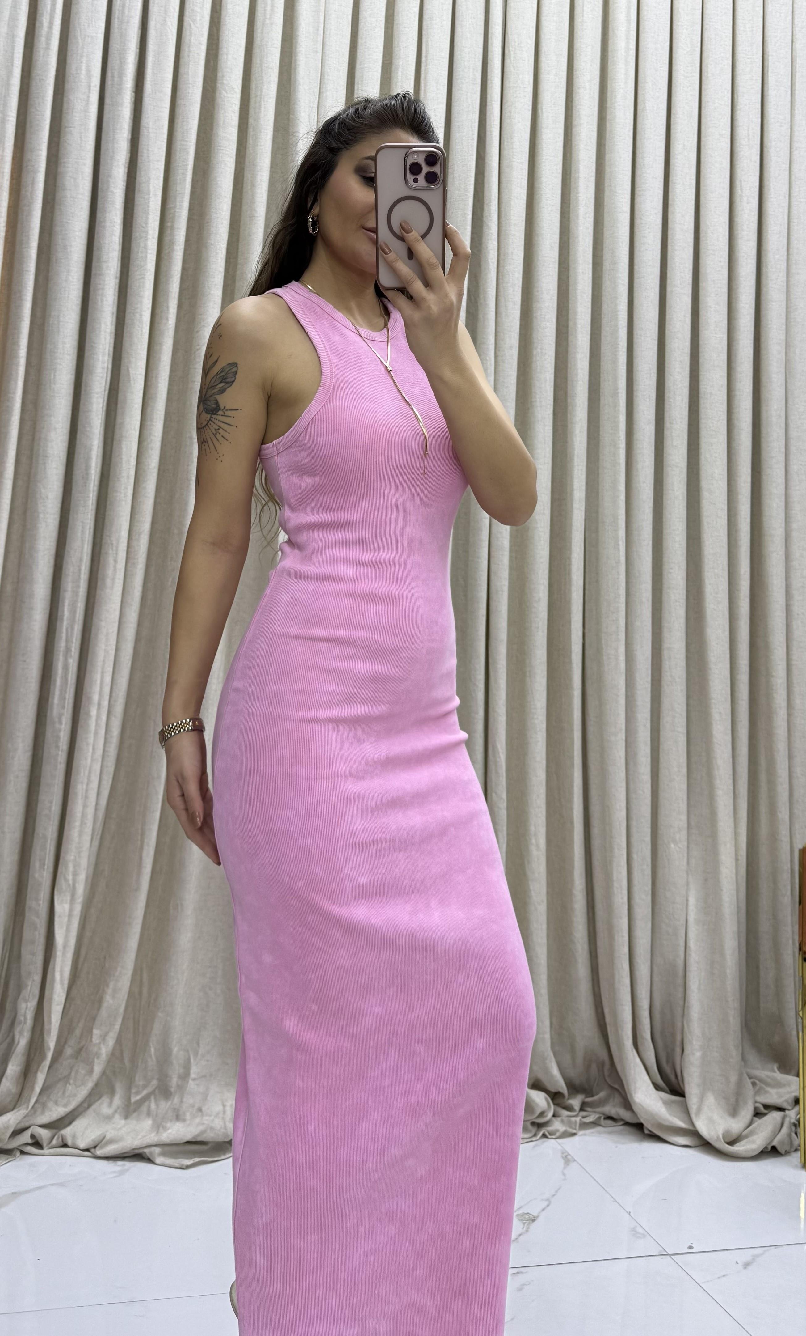 U Yaka Kolsuz Şık Eskitme Uzun Elbise -Pembe