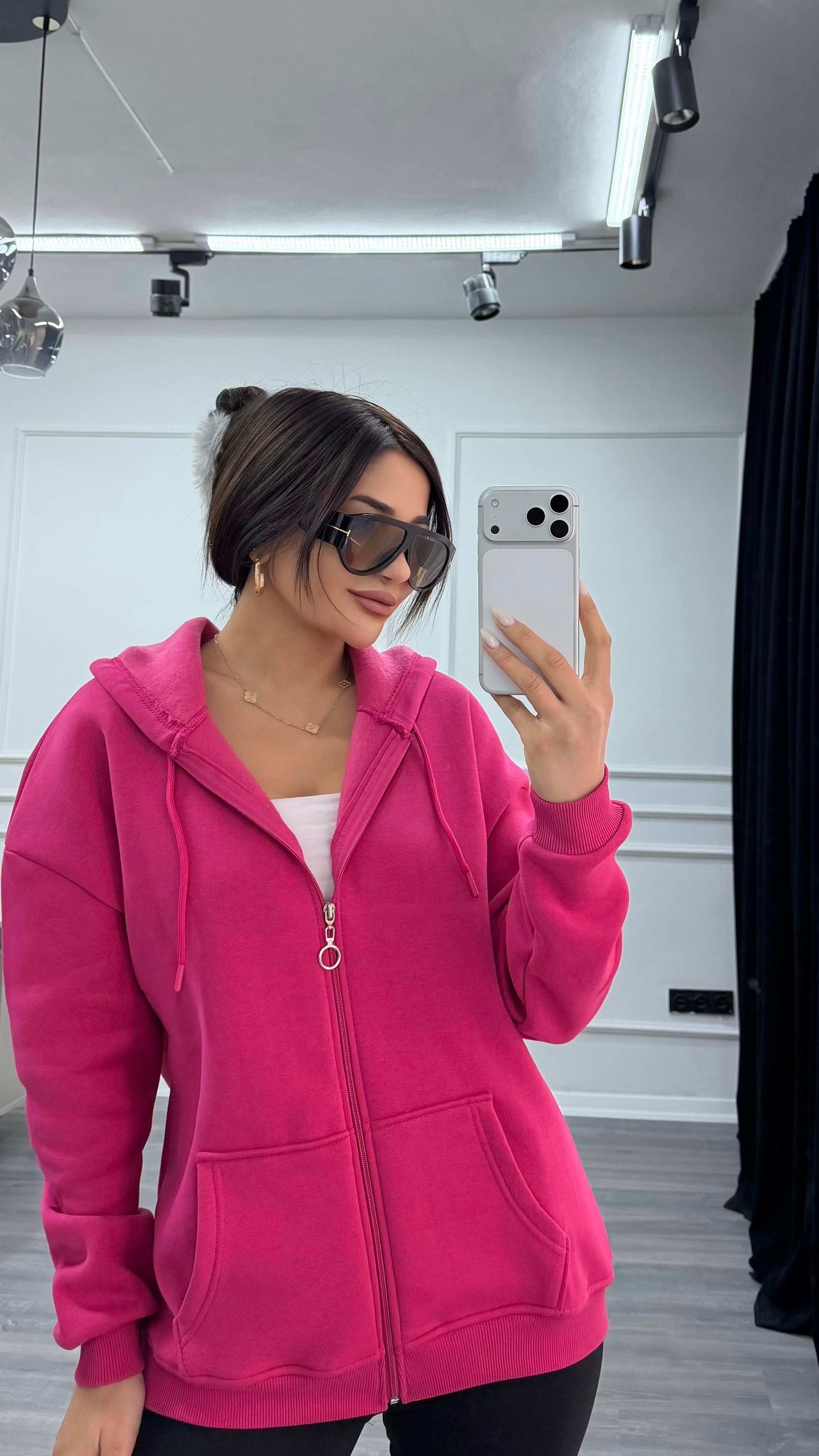 Üç İplik Kapüşonlu Sweatshirt Fuşya
