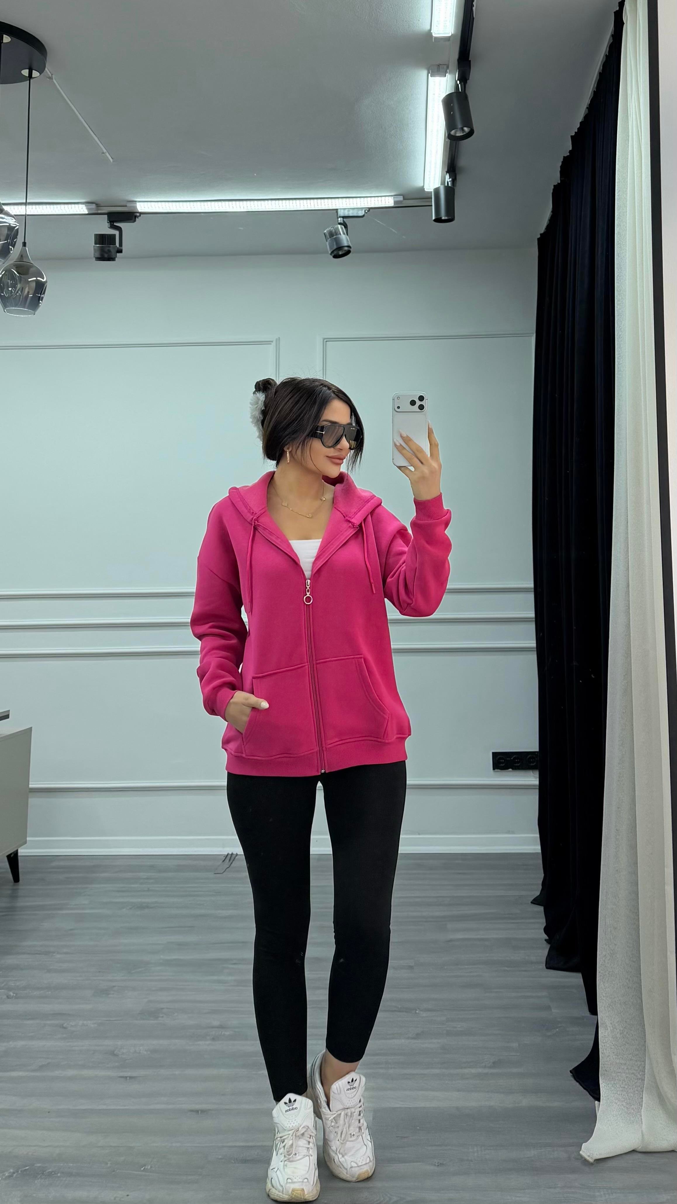 Üç İplik Kapüşonlu Sweatshirt Fuşya