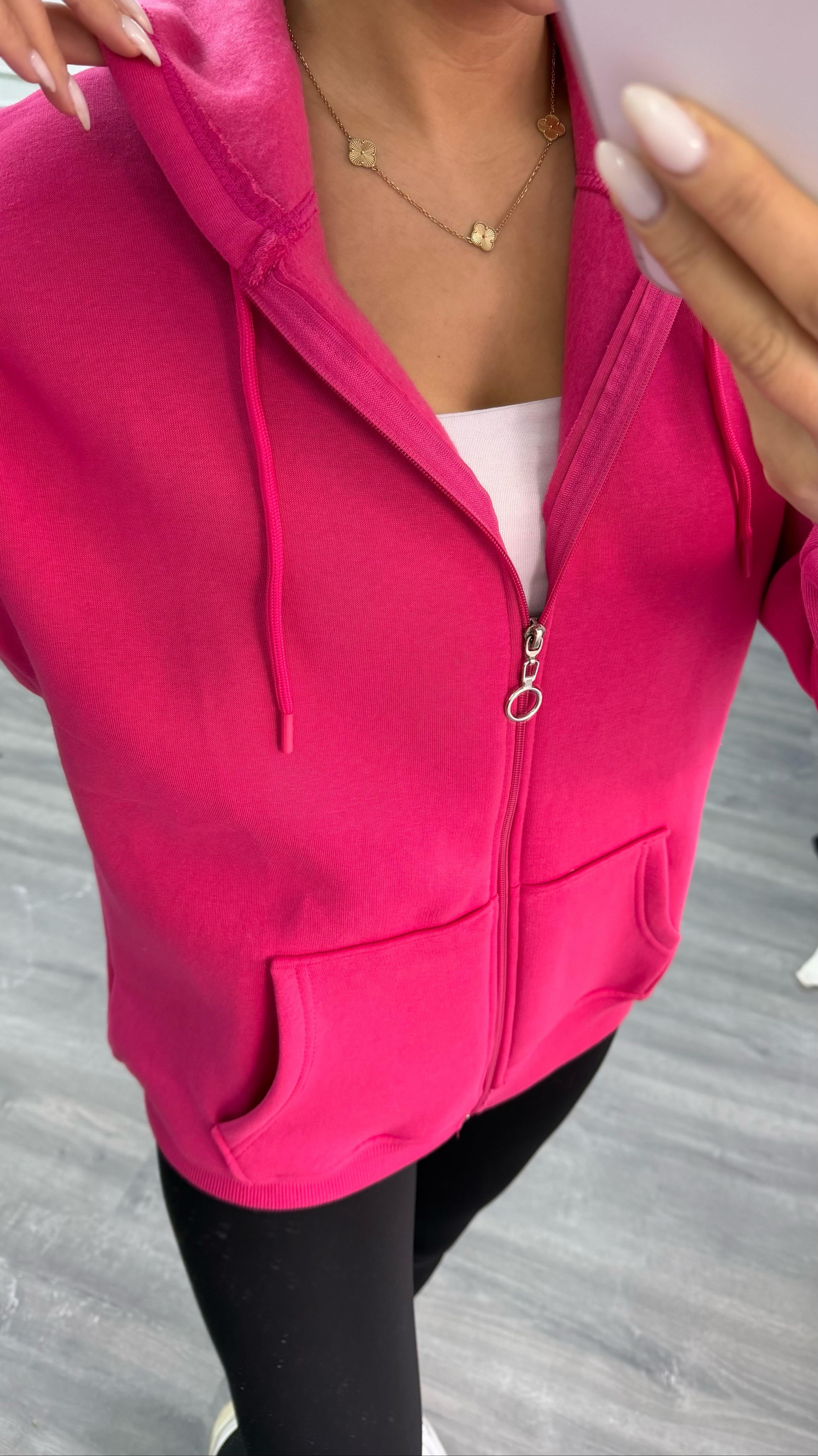 Üç İplik Kapüşonlu Sweatshirt Fuşya
