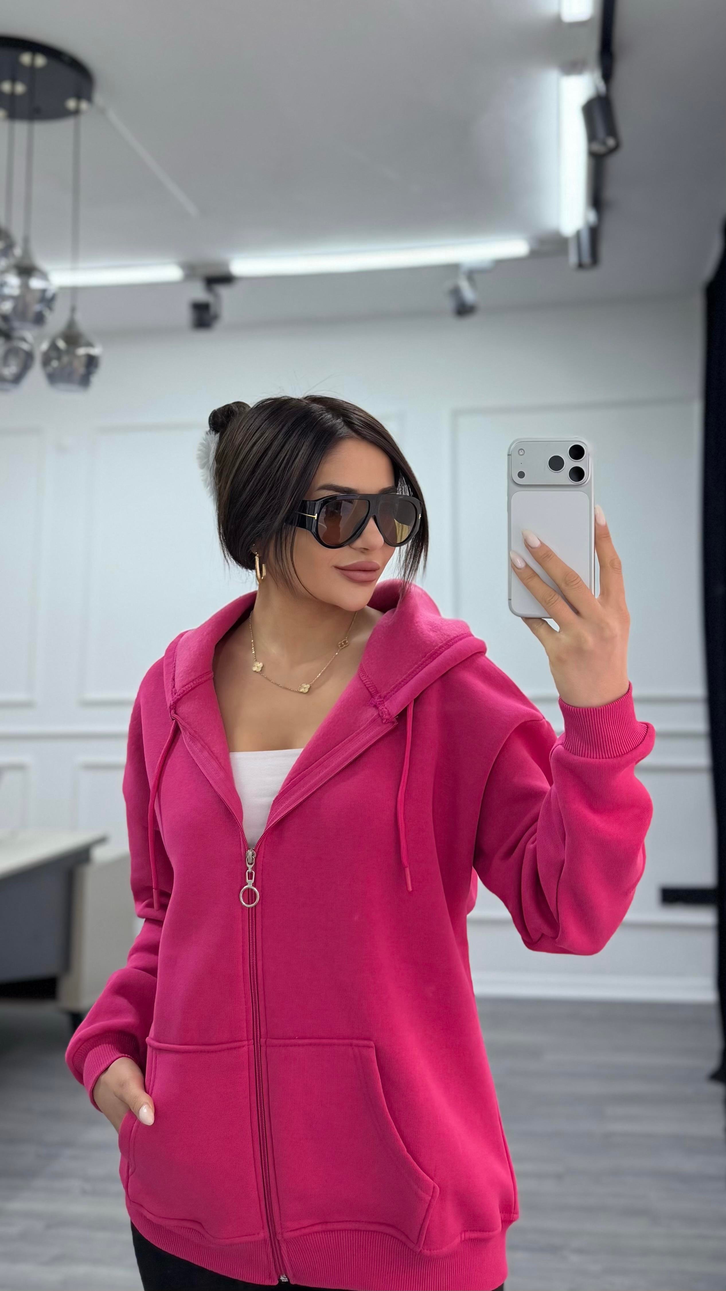 Üç İplik Kapüşonlu Sweatshirt Fuşya
