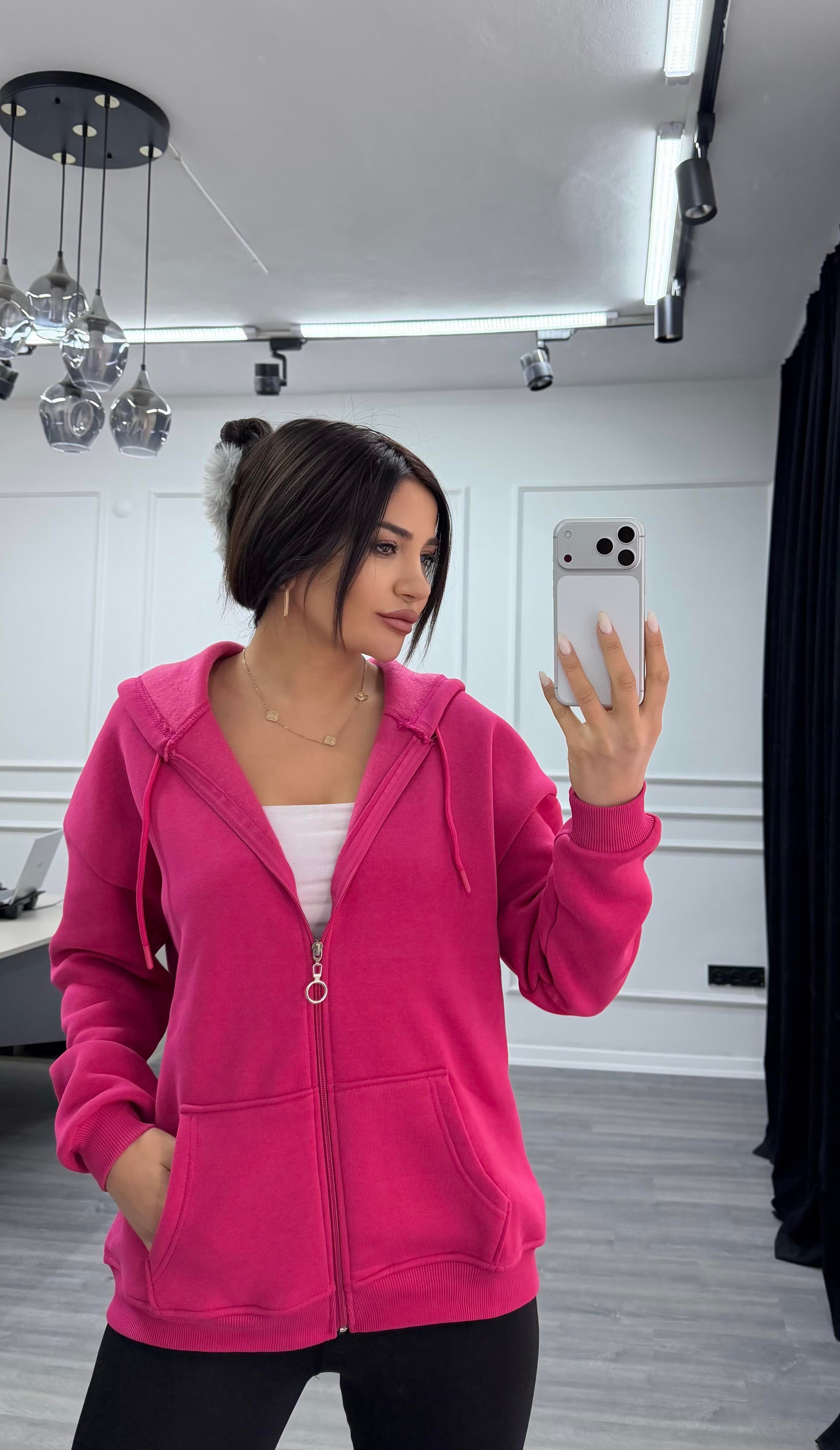 Üç İplik Kapüşonlu Sweatshirt Fuşya