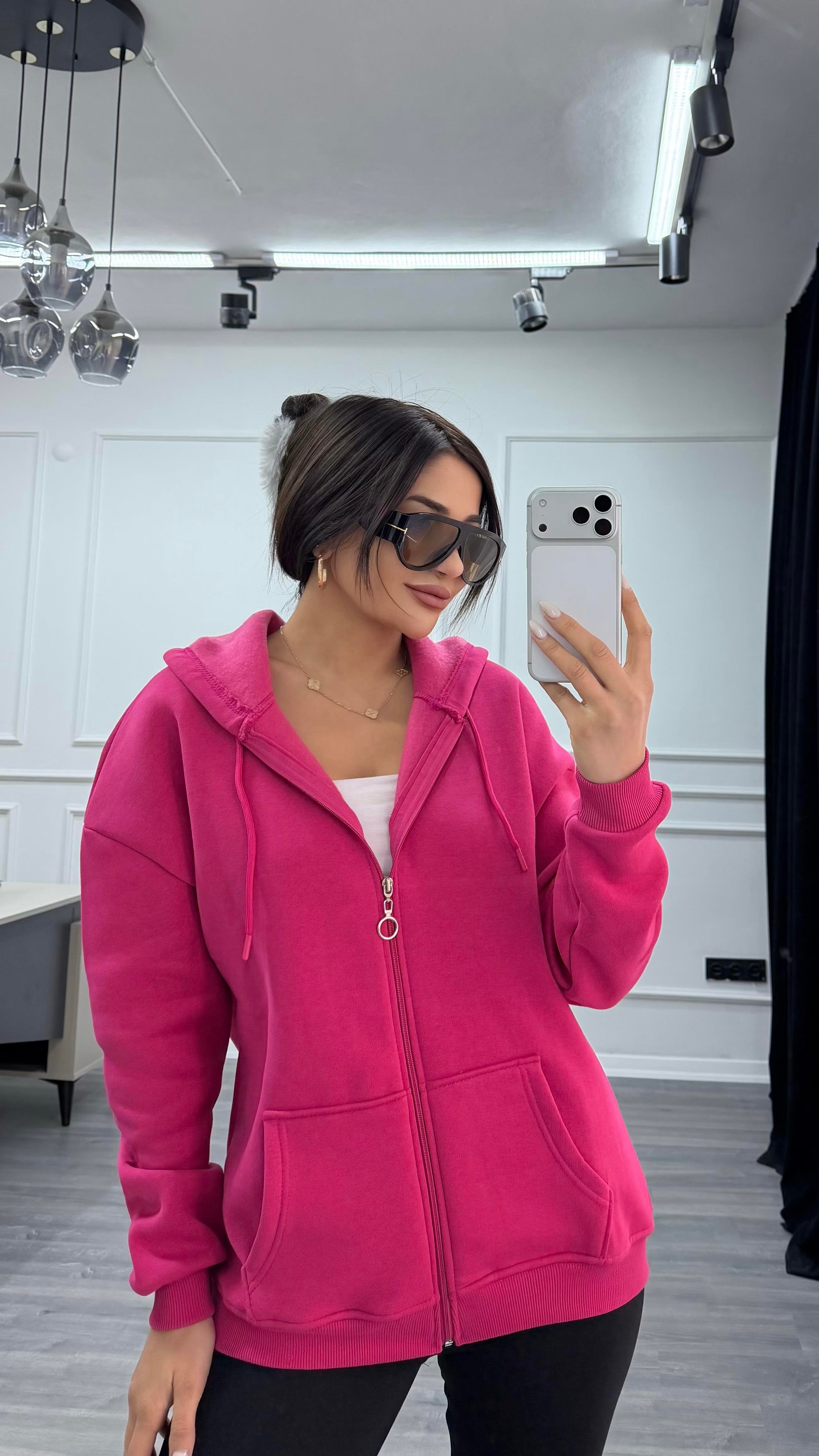 Üç İplik Kapüşonlu Sweatshirt Fuşya