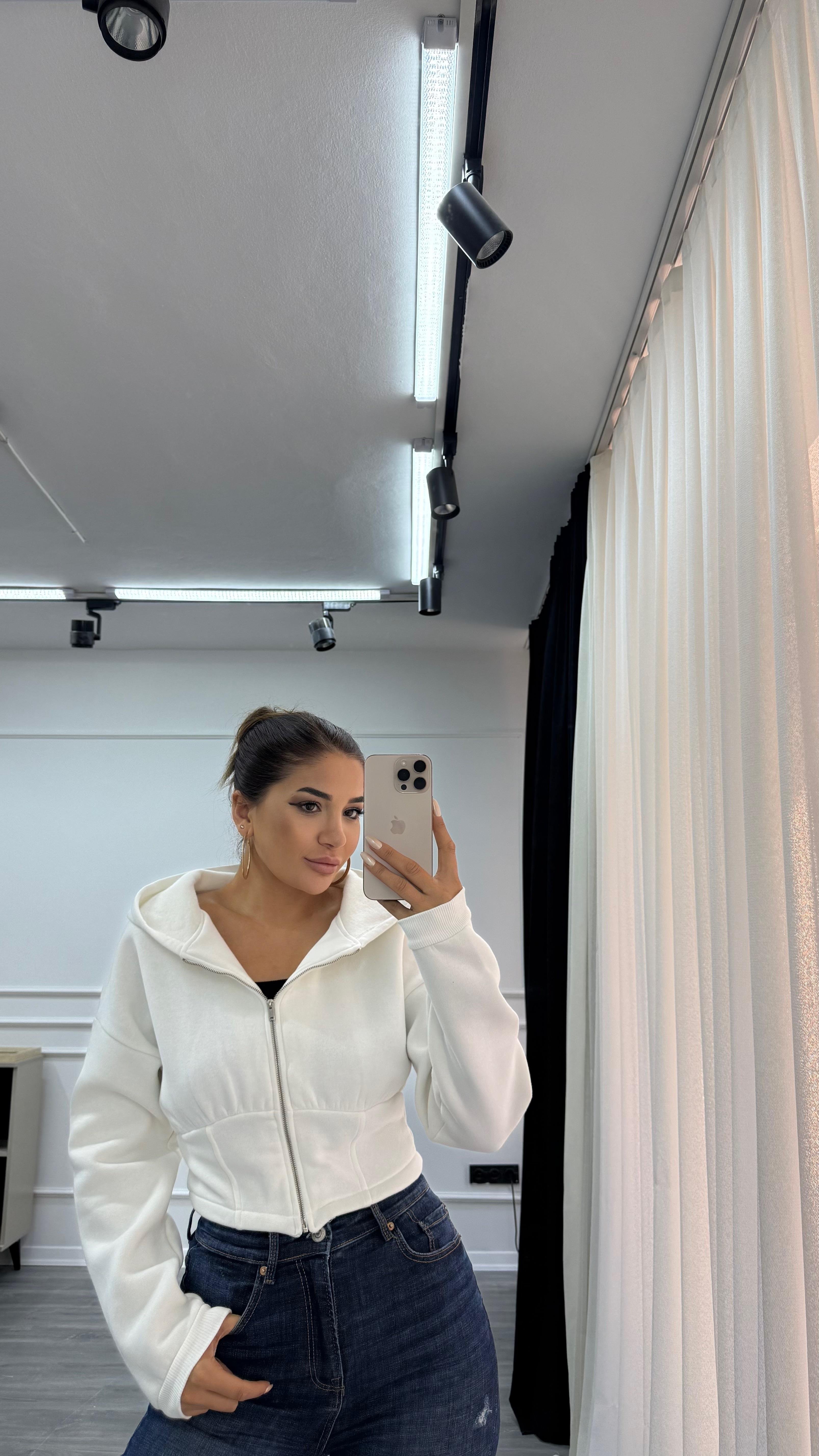Üç İplik Şardonlu Kapüşonlu Kadın Sweatshirt Beyaz 