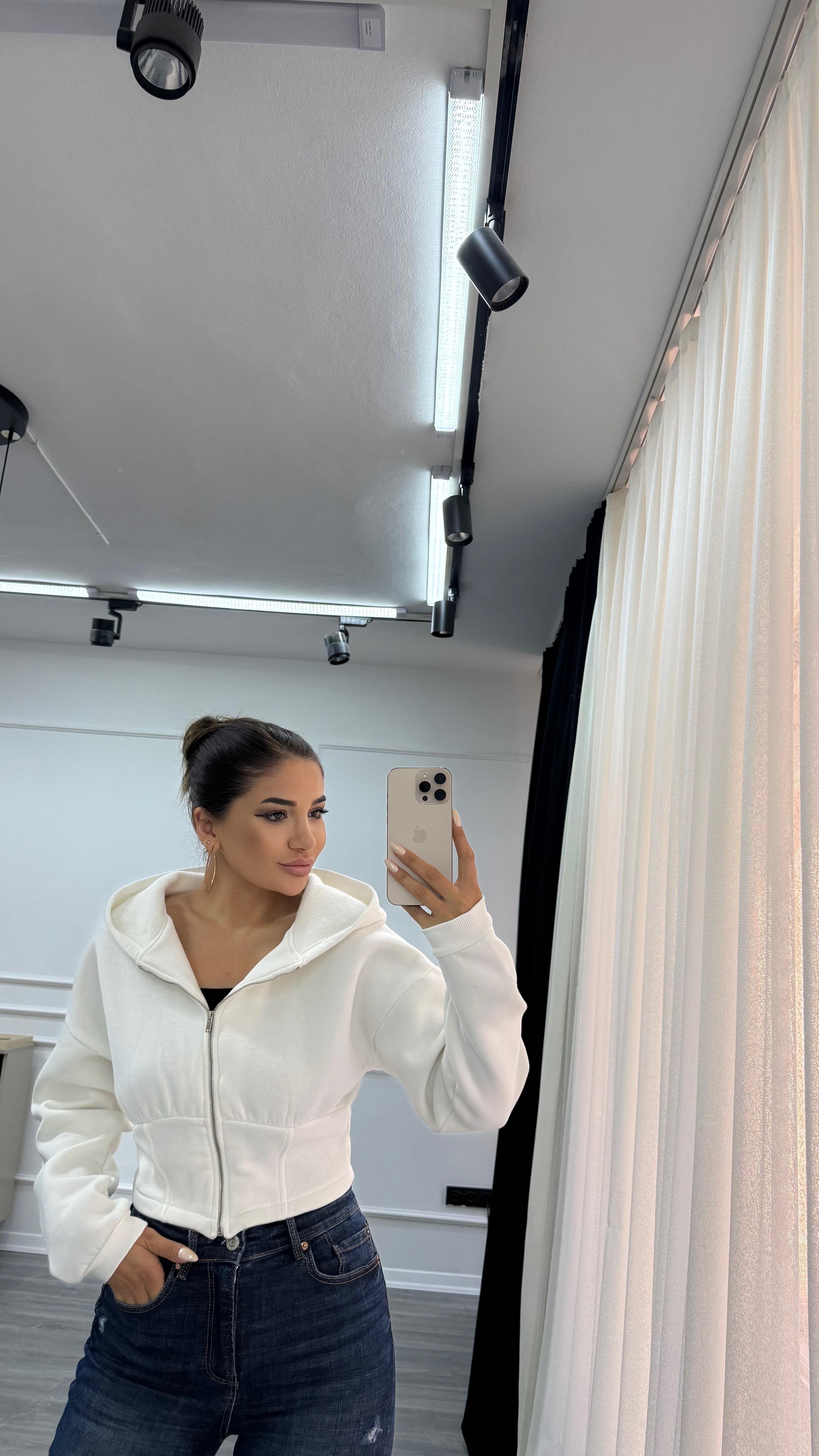 Üç İplik Şardonlu Kapüşonlu Kadın Sweatshirt Beyaz 