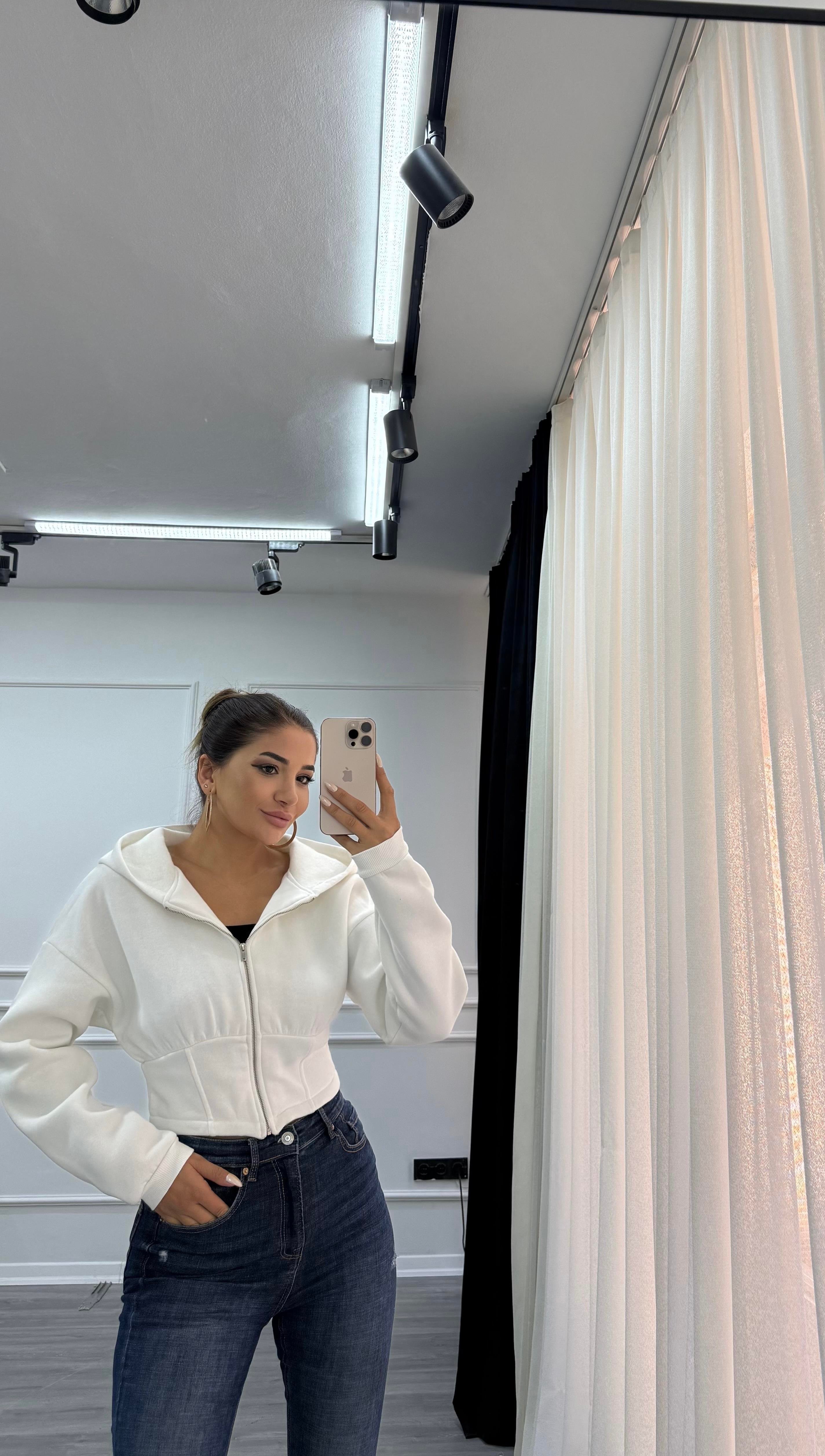 Üç İplik Şardonlu Kapüşonlu Kadın Sweatshirt Beyaz 