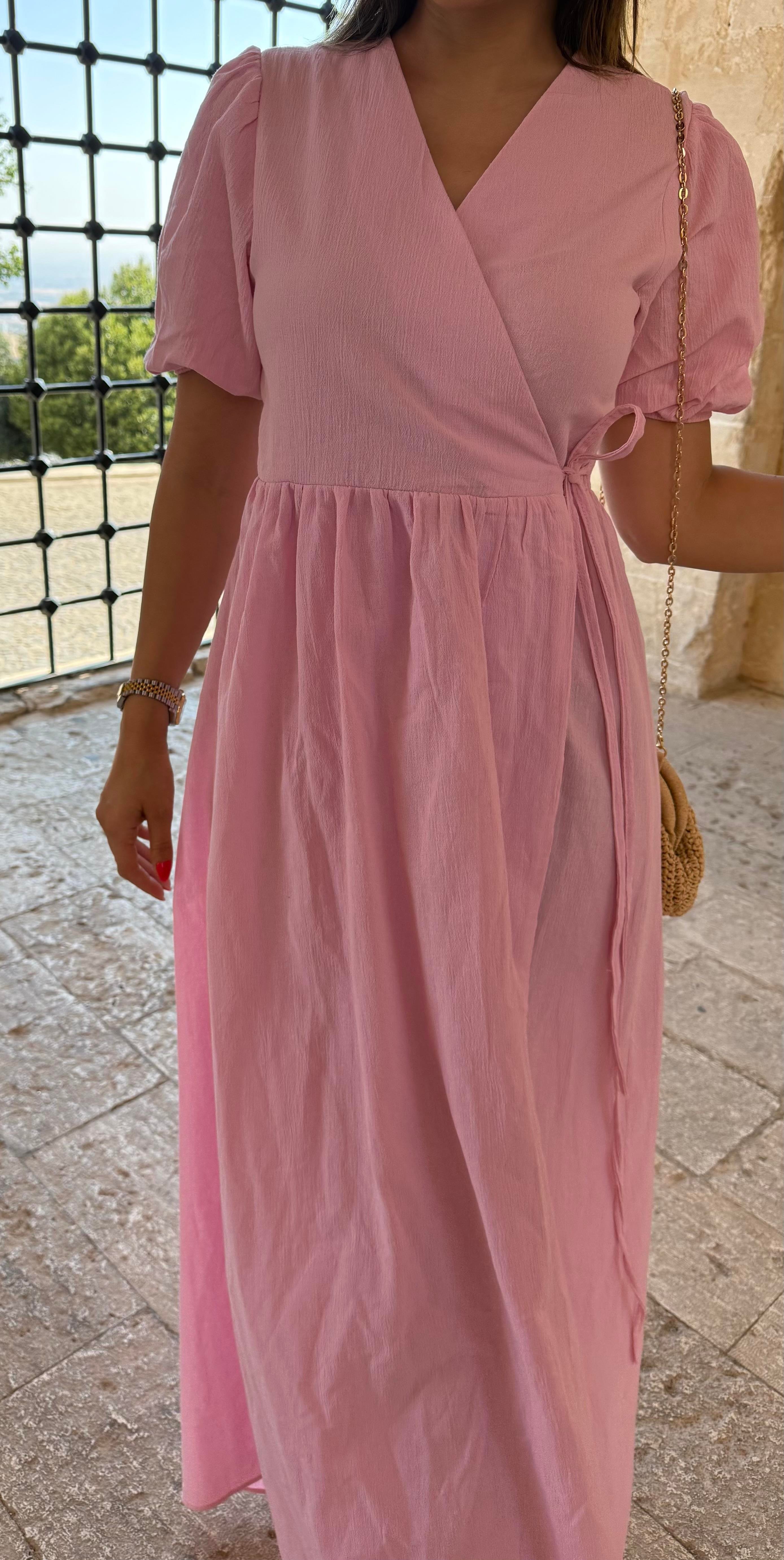 V Yaka Belden Bağlamalı Müslin Elbise PEMBE