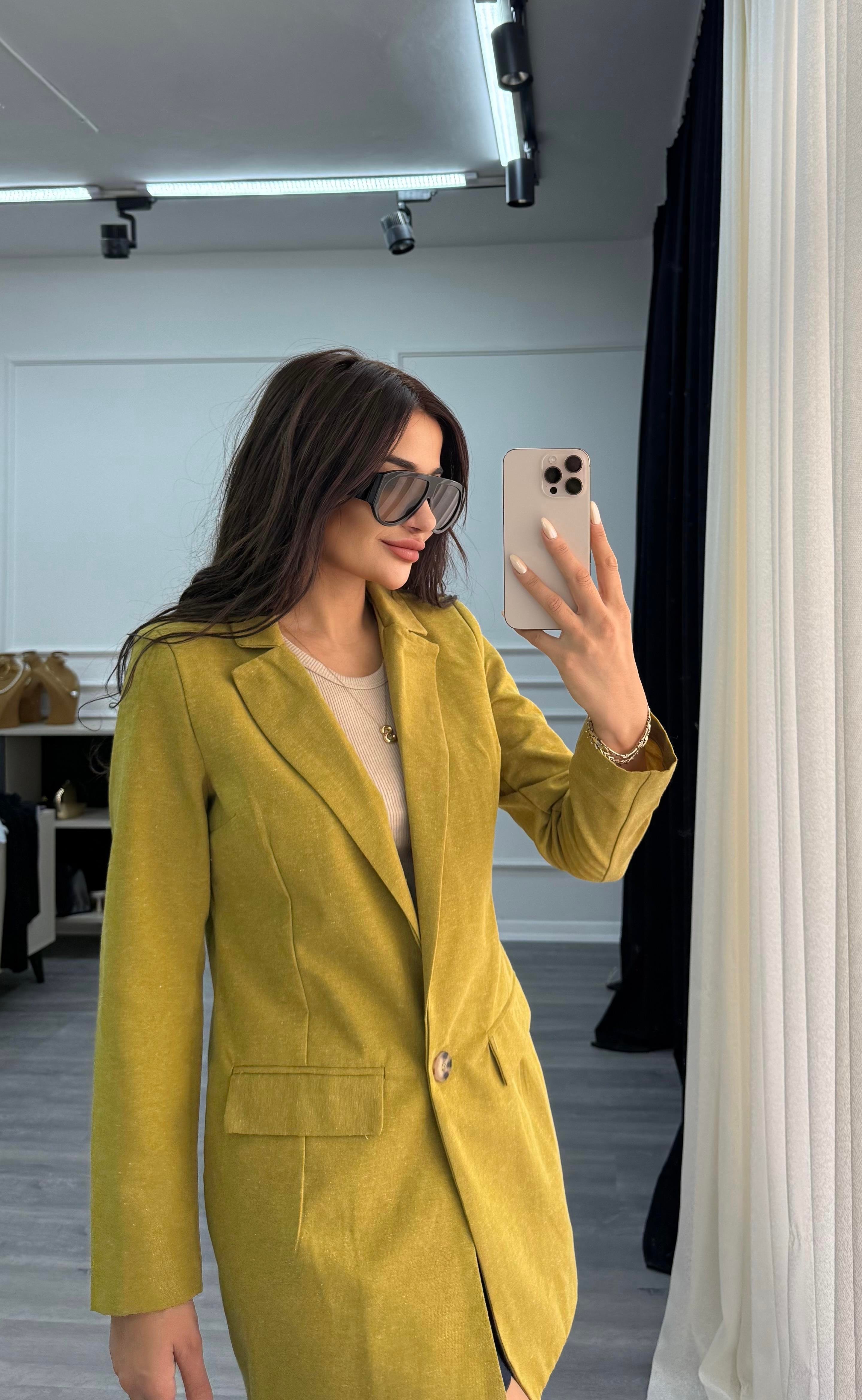 Yağ Yeşili Düğmeli Keten Blazer Ceket